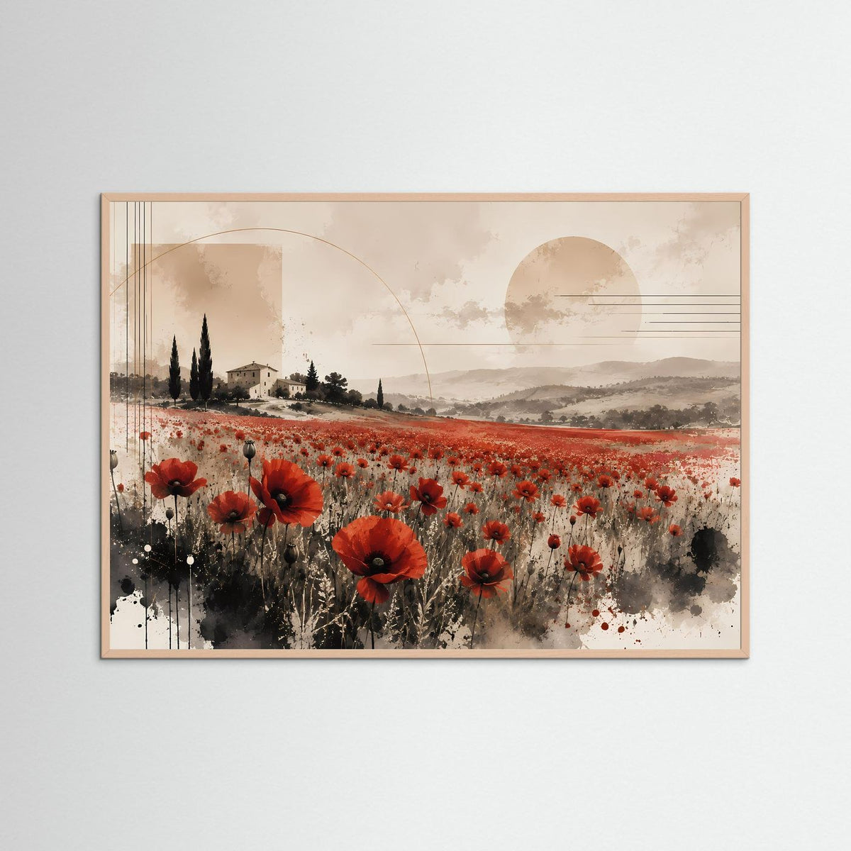Querformat-Poster mit roten Mohnblumen im Feld, in rosafarbenem Holzrahmen.
