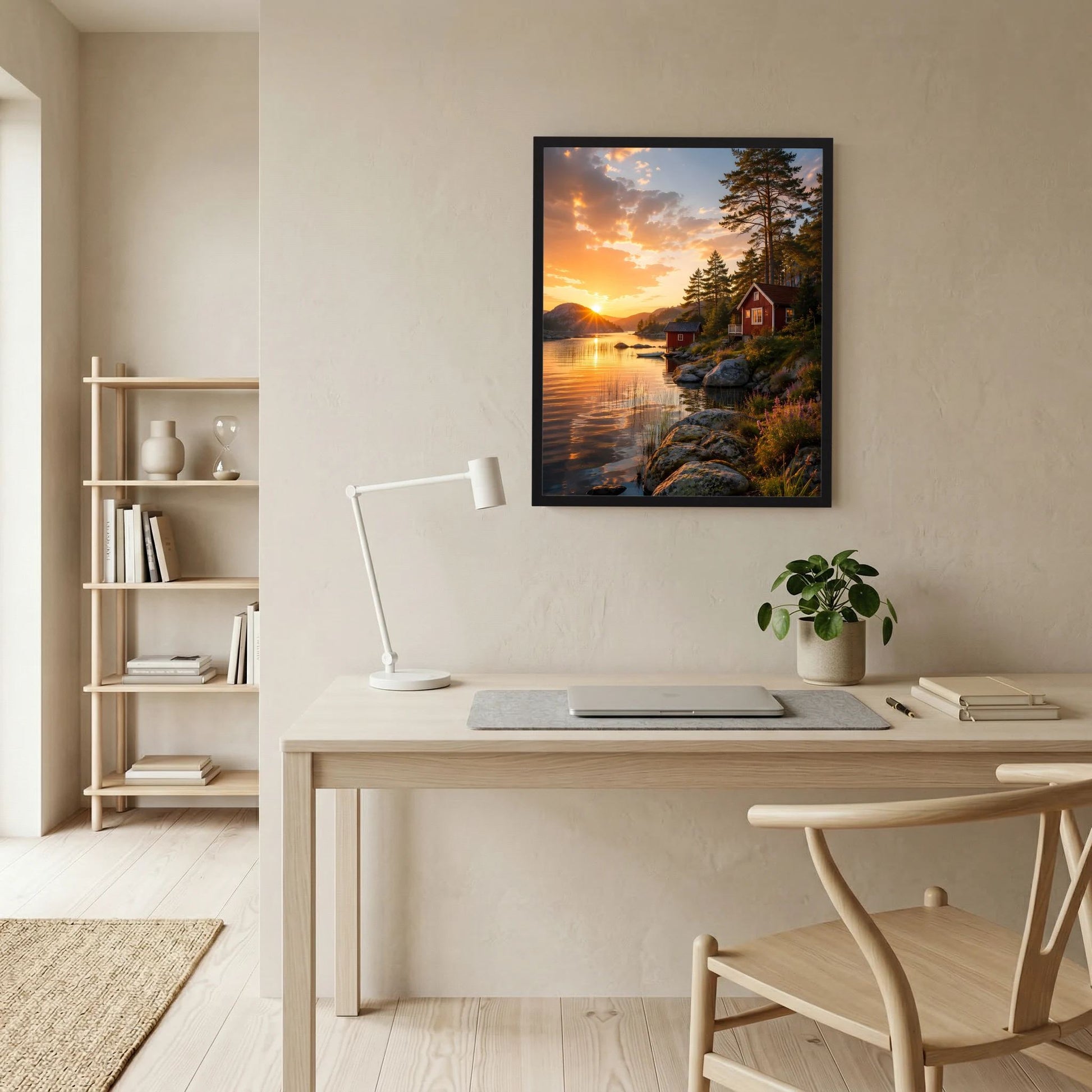 Hochformatiges Kunstposter an der Wand: See, Uferfelsen und rote Hütte bei Abendsonne