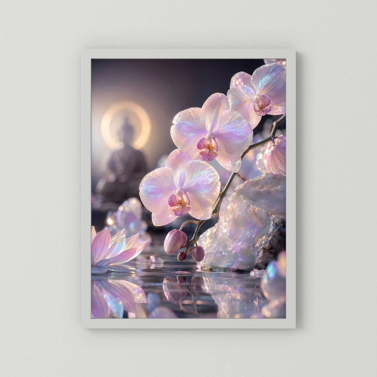 Hochformat-Poster mit Perlmutt-Orchideen, weißer Rand (ohne Rahmen)