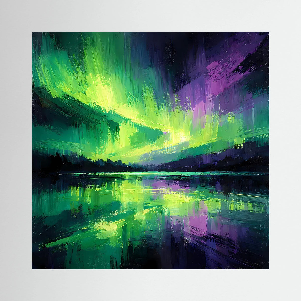 Leinwand-Wandbild mit abstraktem Nordlicht in Grün und Violett über ruhigem See