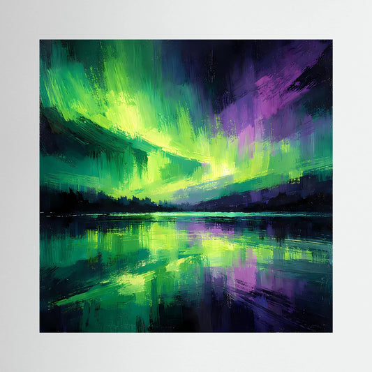 Leinwand-Wandbild mit abstraktem Nordlicht in Grün und Violett über ruhigem See