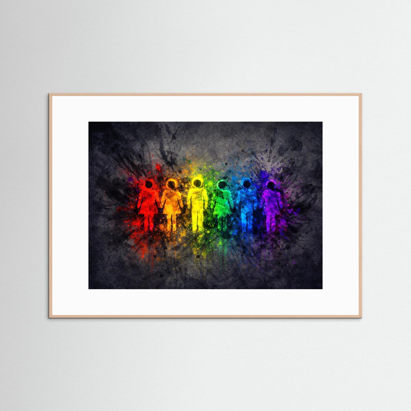 Poster mit Regenbogen-Menschen-Silhouetten, sandfarbener Holzrahmen