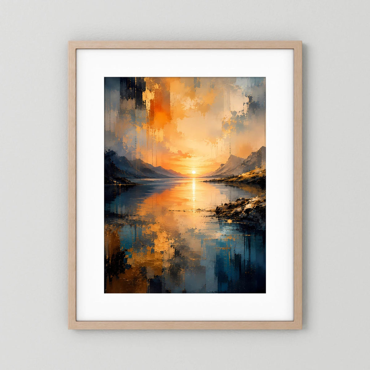 Poster im Hochformat mit Holzrahmen: abstrakte Seeufer- und Berglandschaft, warmes Orange
