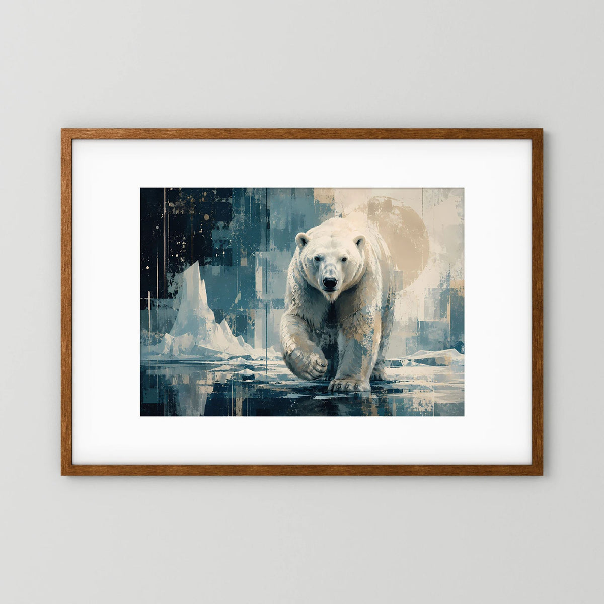 Poster im Querformat mit Eisbär-Motiv, brauner Holzrahmen