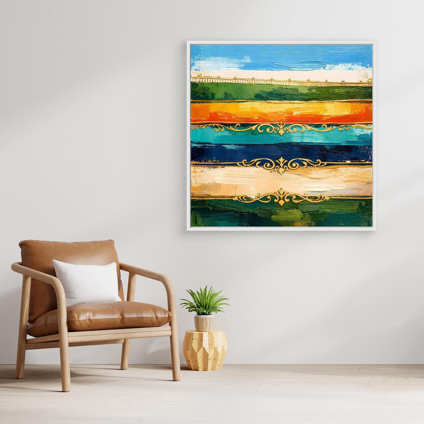 Leinwand Elegante Abstrakte Farbstreifen | Modernes Wandbild mit Goldornamenten