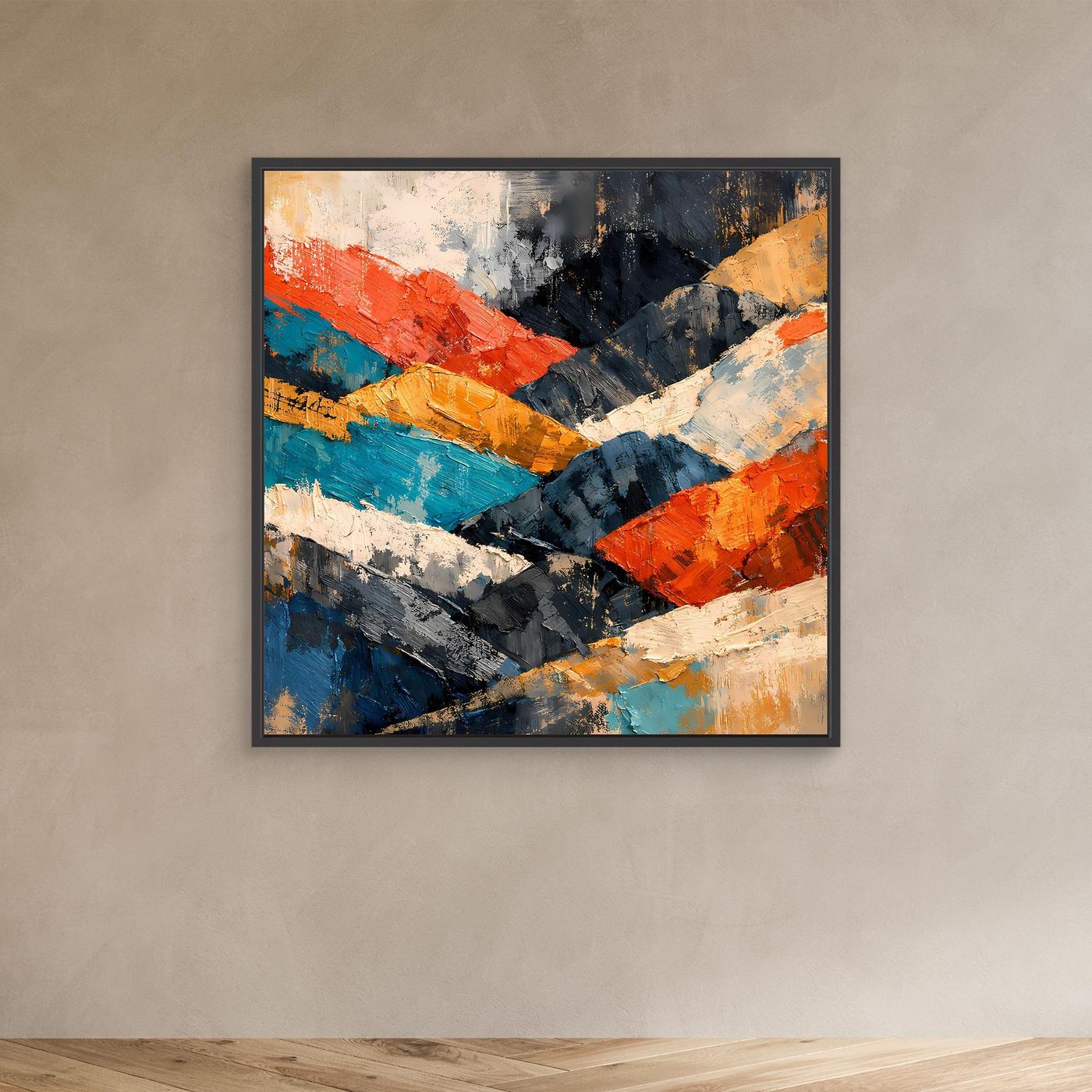 Abstraktes Berglandschaft-Wandbild mit schwarzem Rahmen; bunte Pinselstriche in Blau, Orange und Weiß.