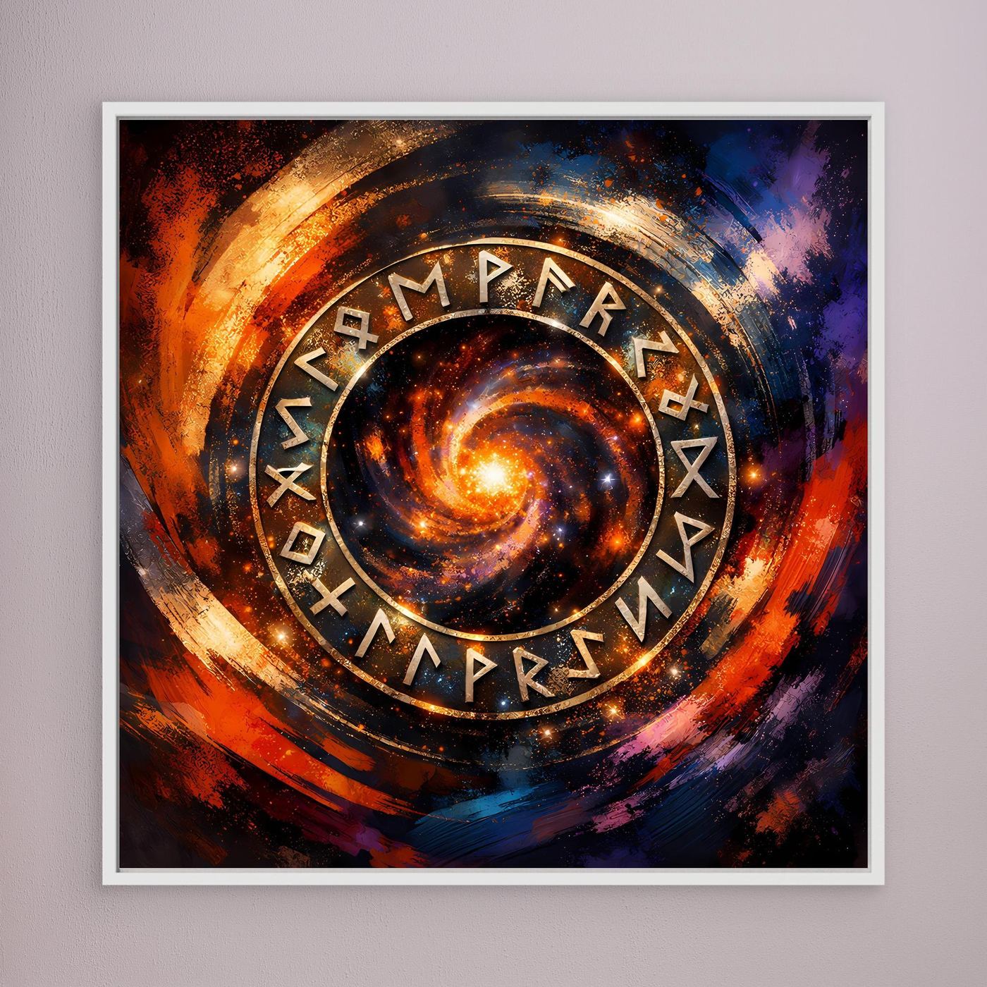 Leinwand-Wandbild mit Runenkreis im Weltraumstil, rechteckig, im hellen Rahmen.