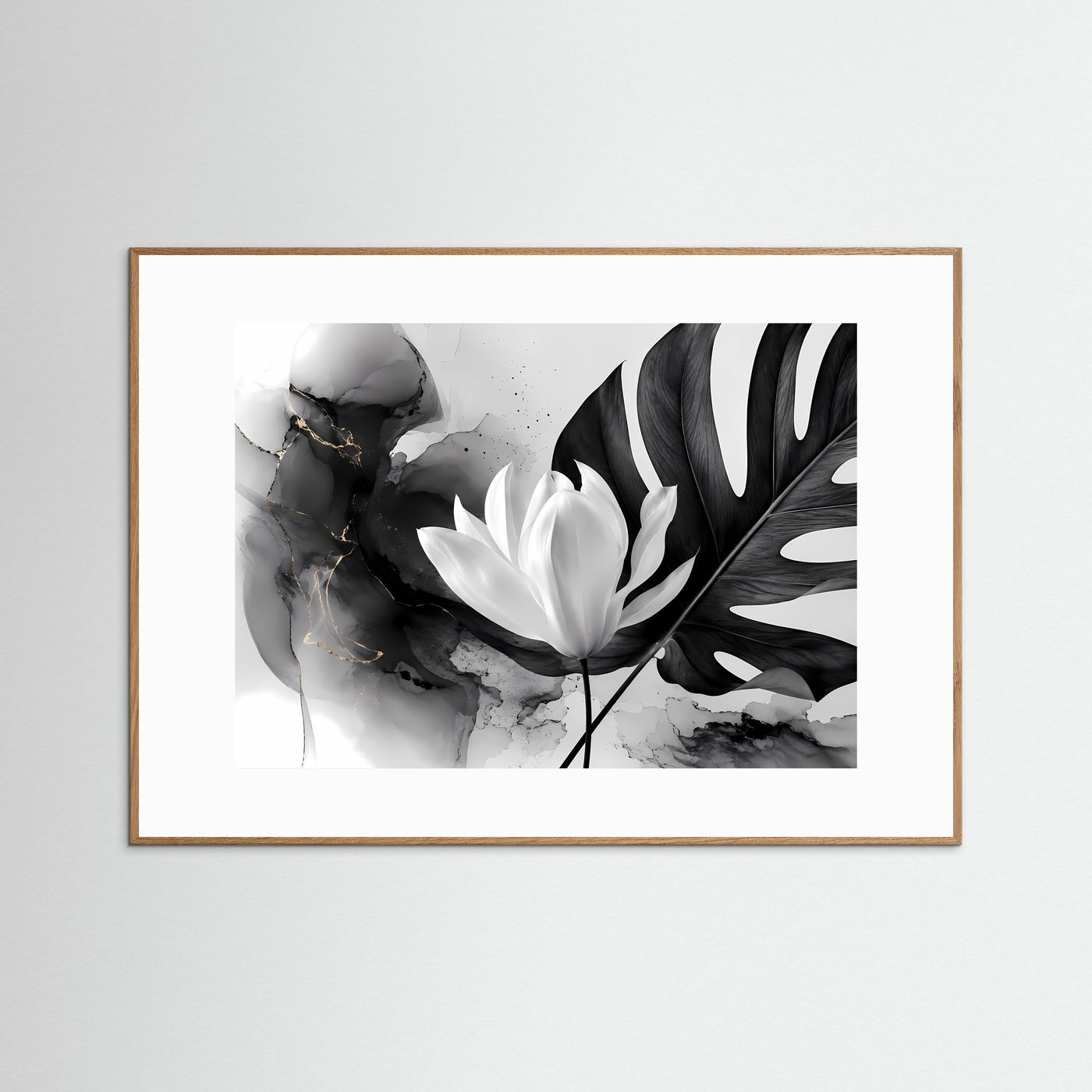 Schwarz Weiß Lotus Poster | Monstera Botanical Wandkunst | Minimalistische Blumen Kunst | Moderne Leinwand | Monochrome Natur mit Goldakzenten
