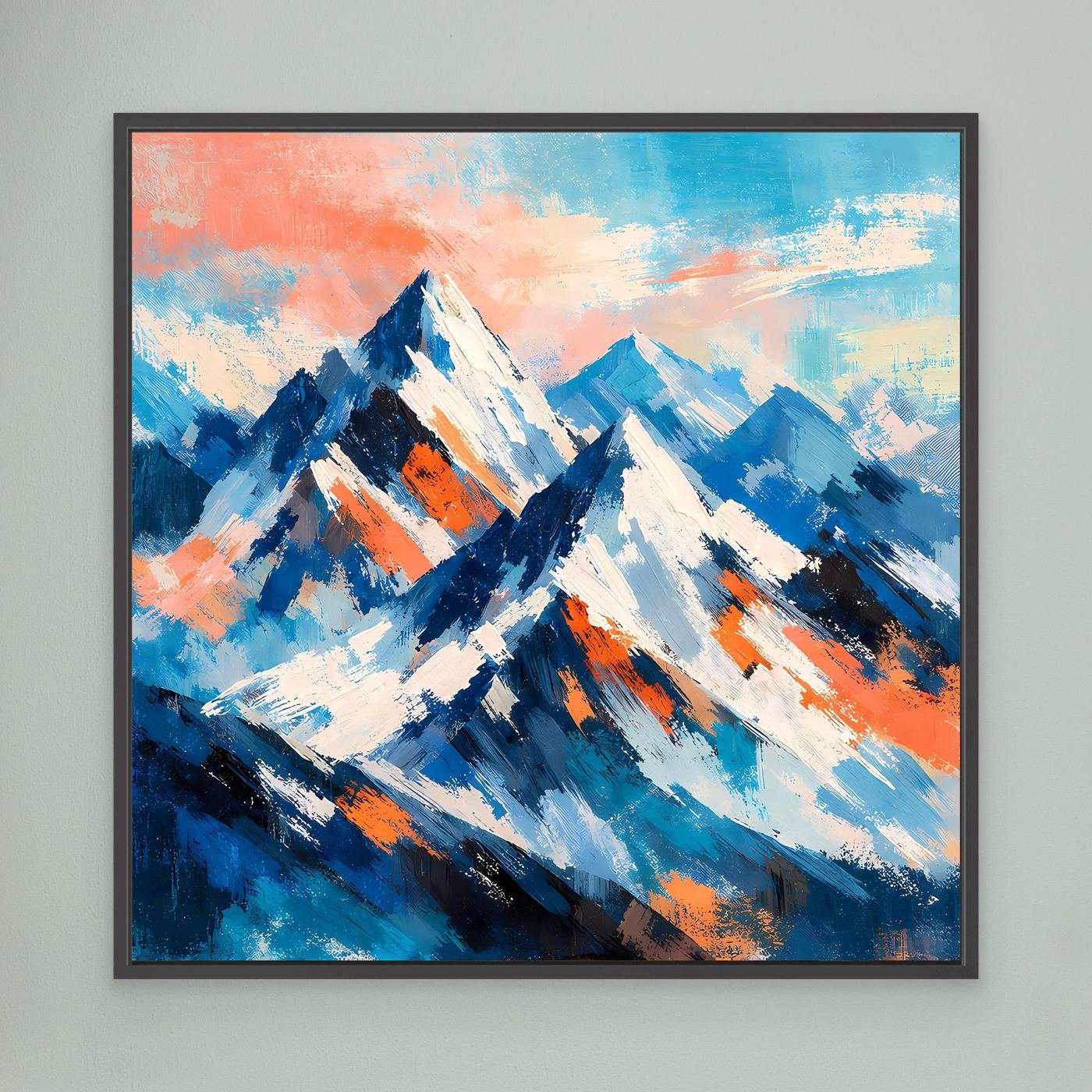 Leinwand-Wandbild mit abstrakten Schneebergen, gerahmt in Schwarz, Blau, Weiß, Orange