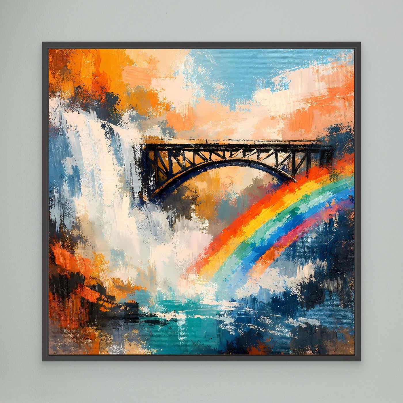 Abstraktes Leinwand-Wandbild: Wasserfall, Brücke & Regenbogen, schwarz gerahmt