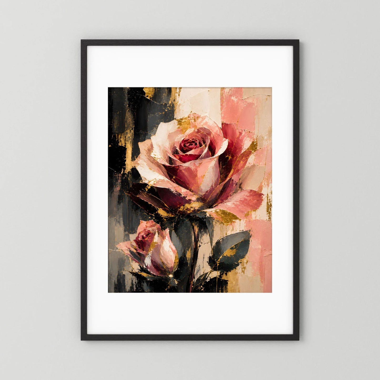 Blumenposter mit abstrakter Rosendekoration in Rosé und Gold, schwarzer Rahmen mit Passepartout.
