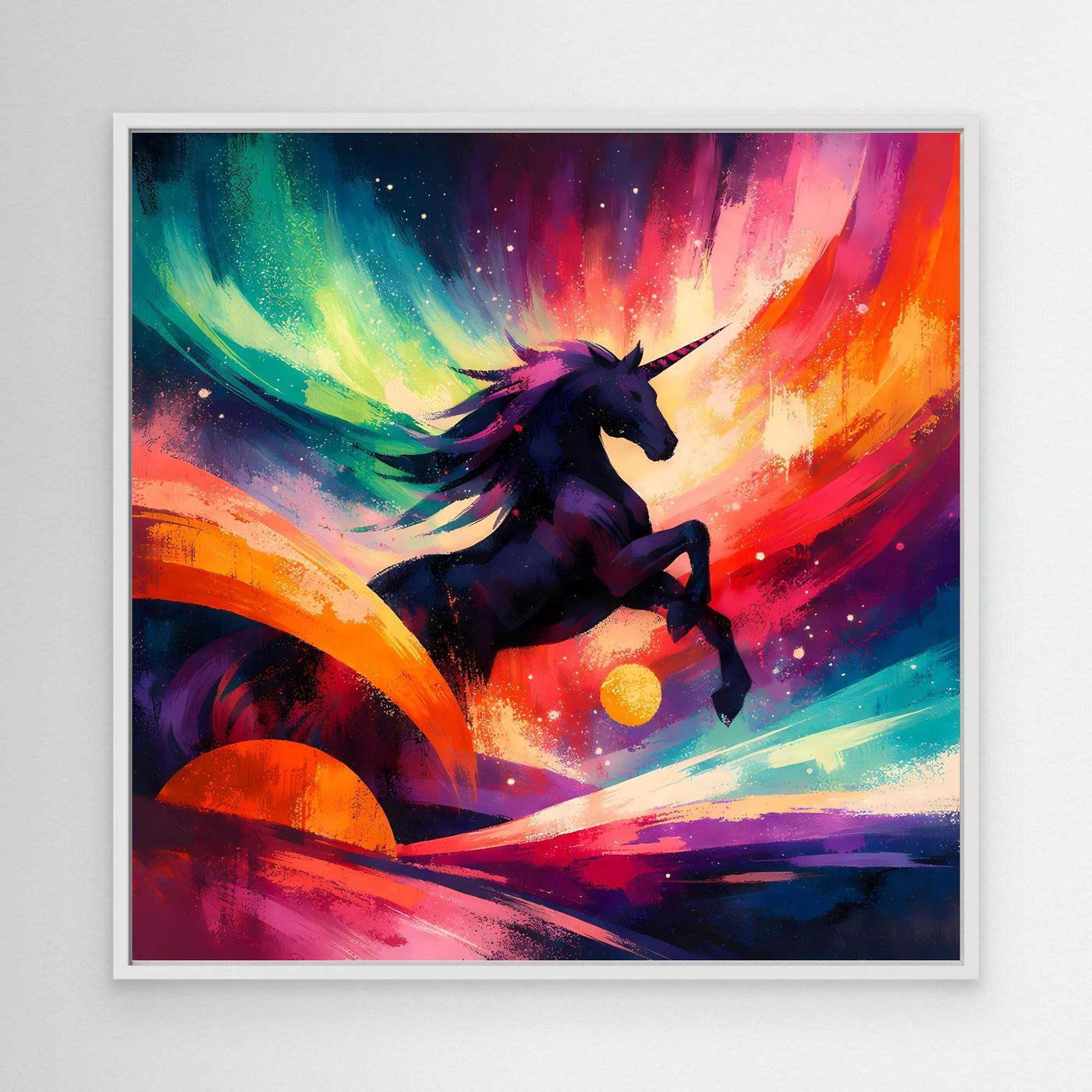 Leinwandbild mit schwarzem Einhorn auf Regenbogen-Aquarell, weißer Rahmen