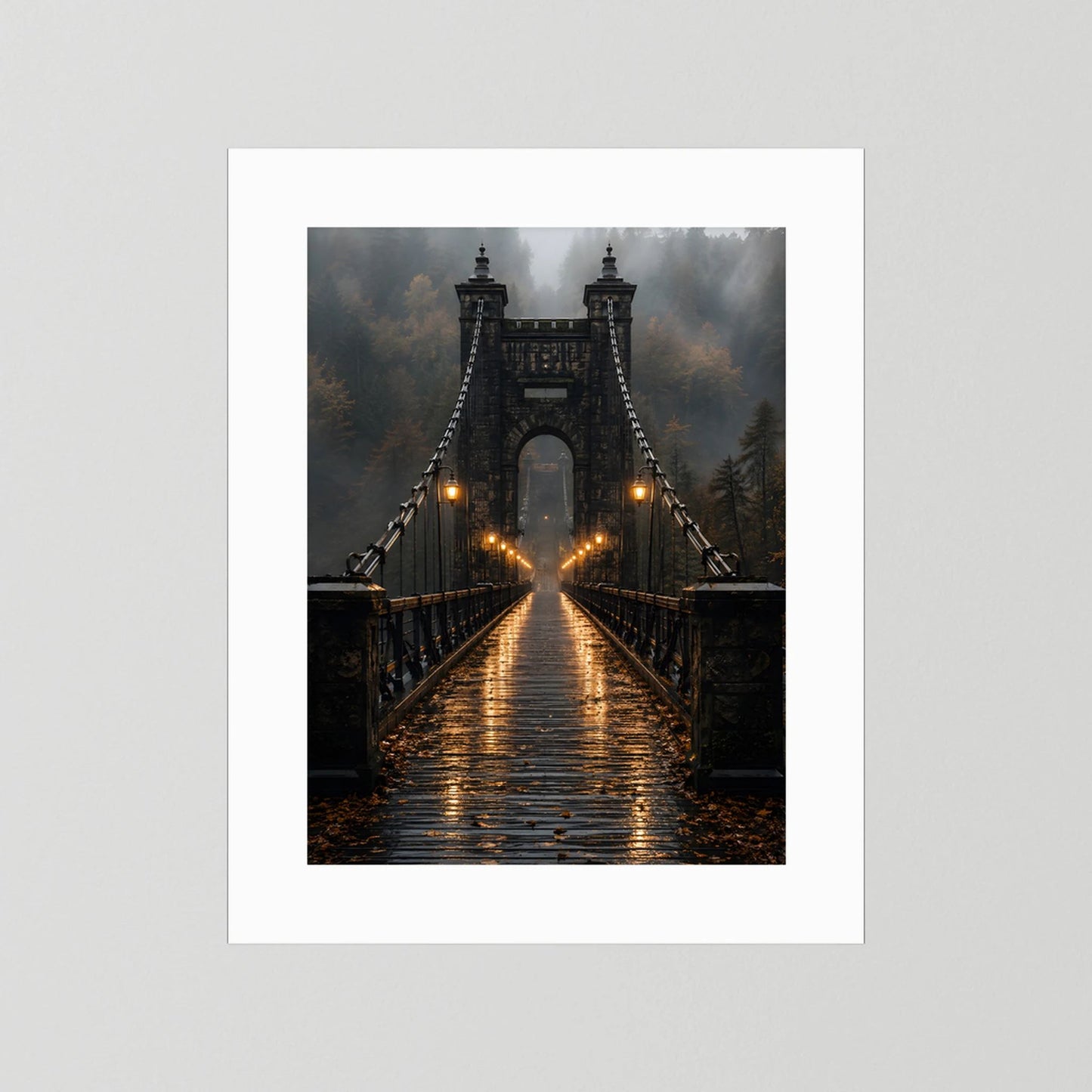 Posterprint der Hängebrücke im Nebelwald mit leuchtenden Laternen, weißer Rand