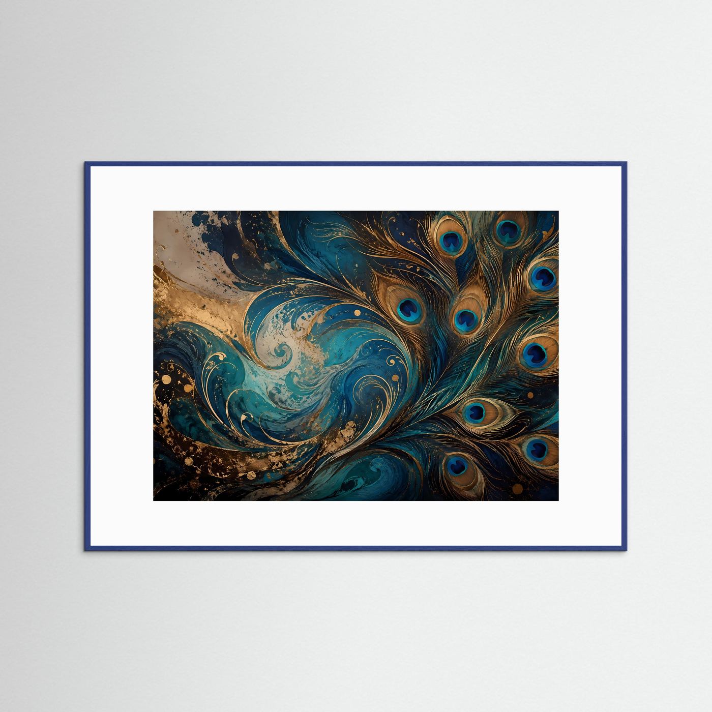 Pfauenfedern Poster | Abstrakte Pfauenkunst Wandbild | Blau Gold Modern | Elegante Federkunst | Luxuriöser Kunstdruck