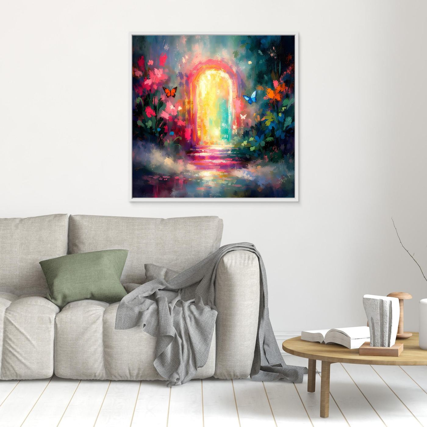 Kleines Wandbild mit Lichtbogen in Regenbogenfarben, Blumen und Schmetterlingen, weiß gerahmt