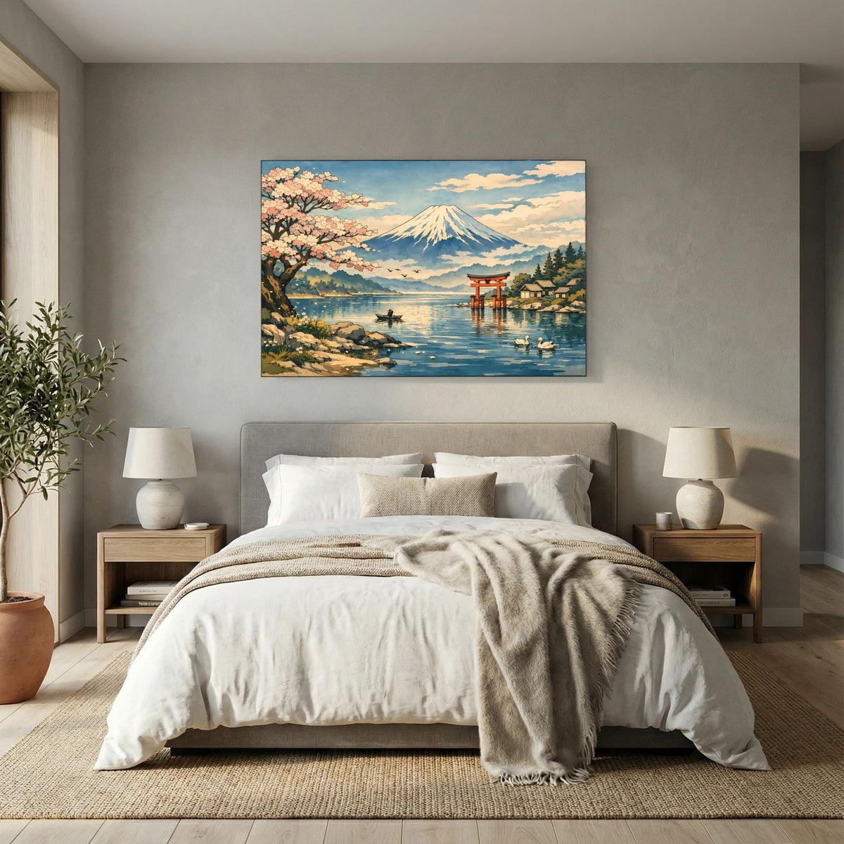 Wandbild im Querformat mit Fuji und Kirschblütenbaum am Seeufer, an der Wand