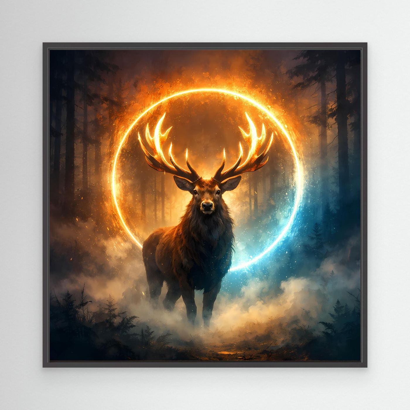 Leinwandbild mit Hirsch im leuchtenden Kreislicht, schwarzer Rahmen mit Waldhintergrund