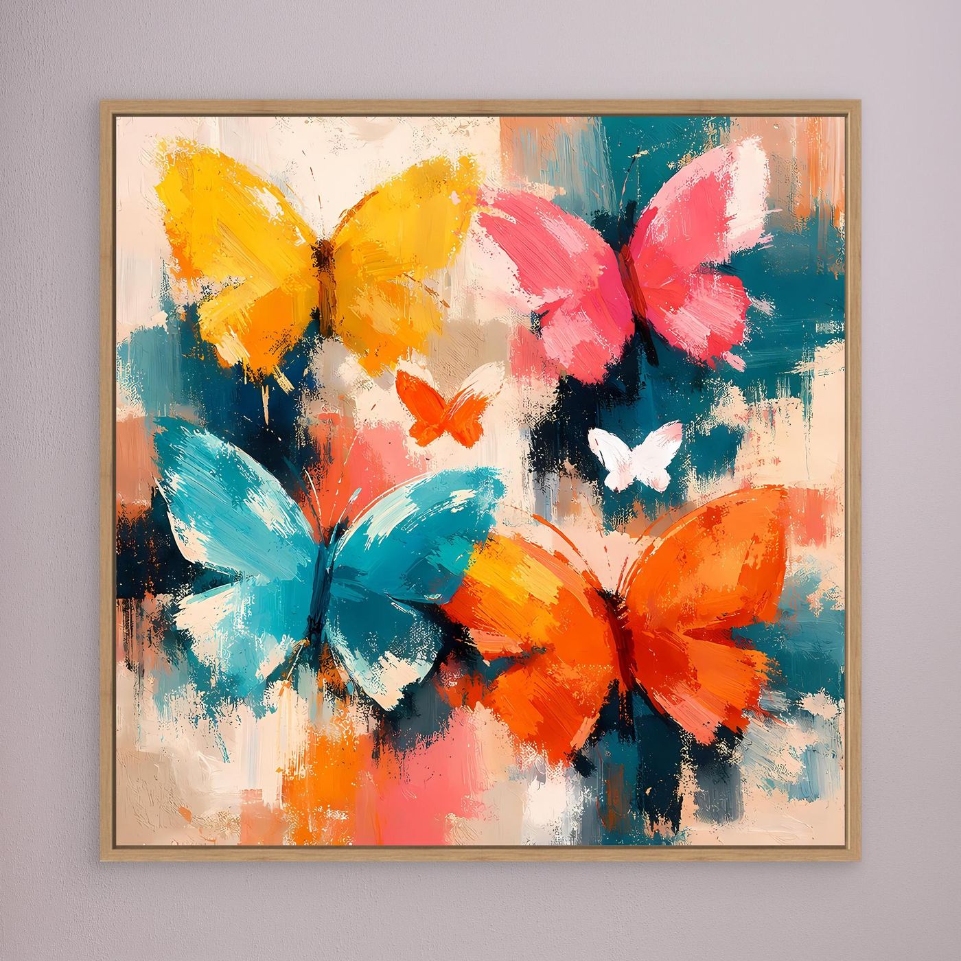 Leinwand Farbenfrohe Schmetterlinge im Flug | Abstraktes Natur & Frühling Wandbild