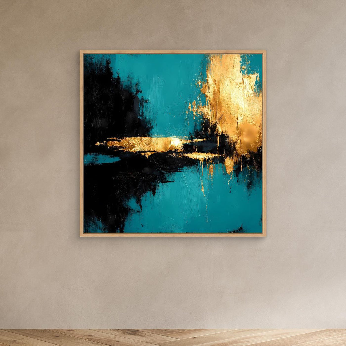 Abstraktes Leinwandbild mit hellem Holzrahmen: türkis, dunkelbraun und goldene Flächen