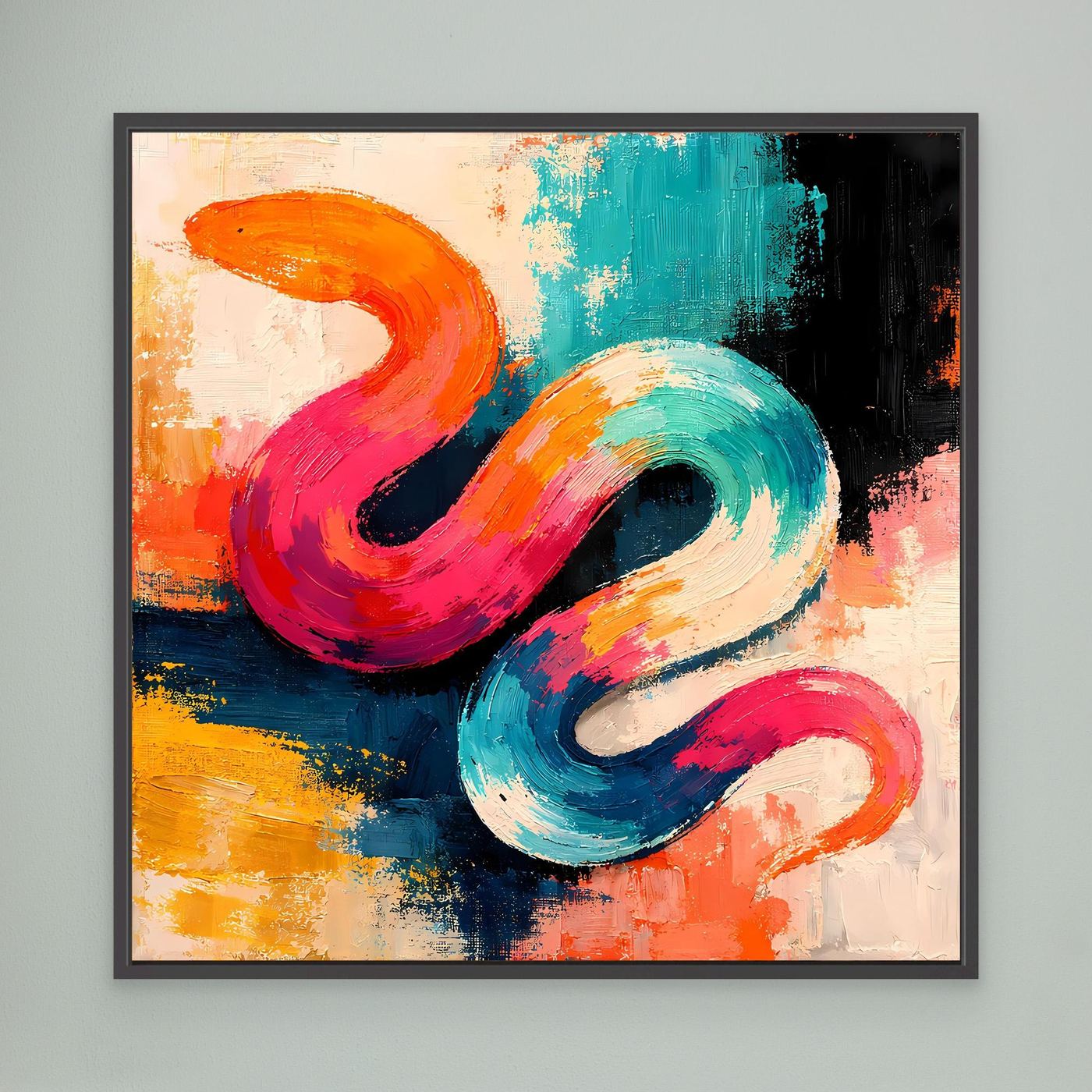 Leinwandbild mit abstrakter Schlange im Pop-Art-Stil, farbige Pinselstriche, schwarzer Rahmen