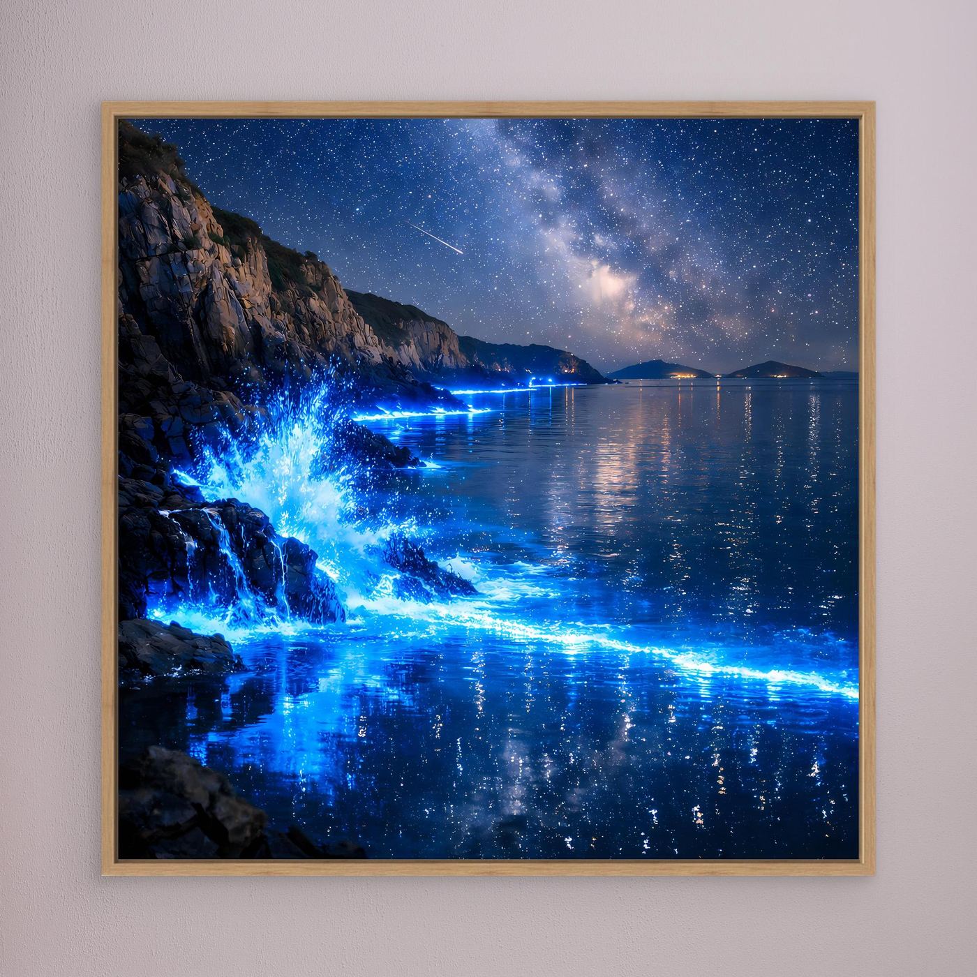 Leinwandbild mit blauem Meeresleuchten, Sternenhimmel und Wasserreflexen, Eiche-Rahmen