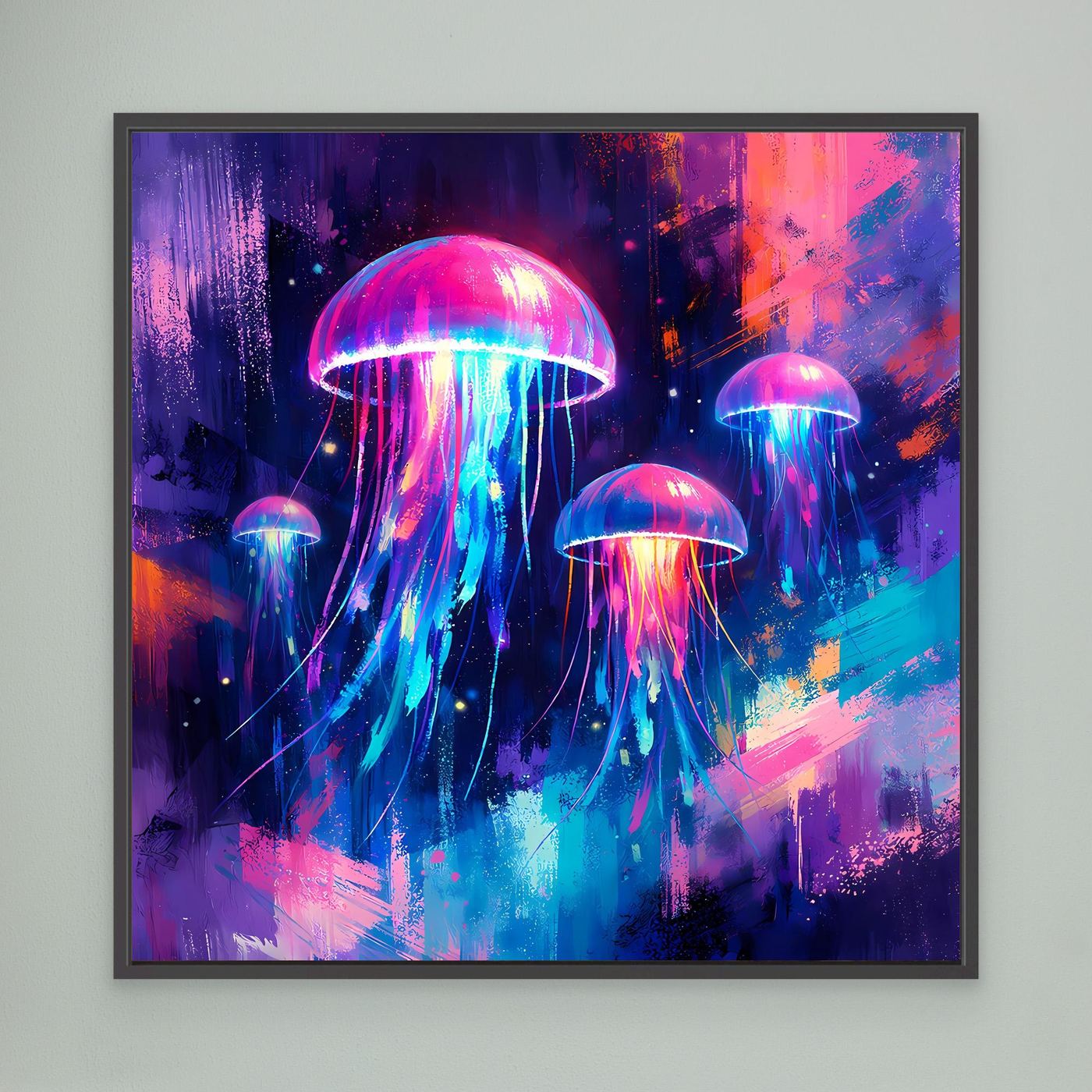 Leinwand Magische Leuchtquallen im Tiefsee-Ozean | Abstraktes Neon Wandbild
