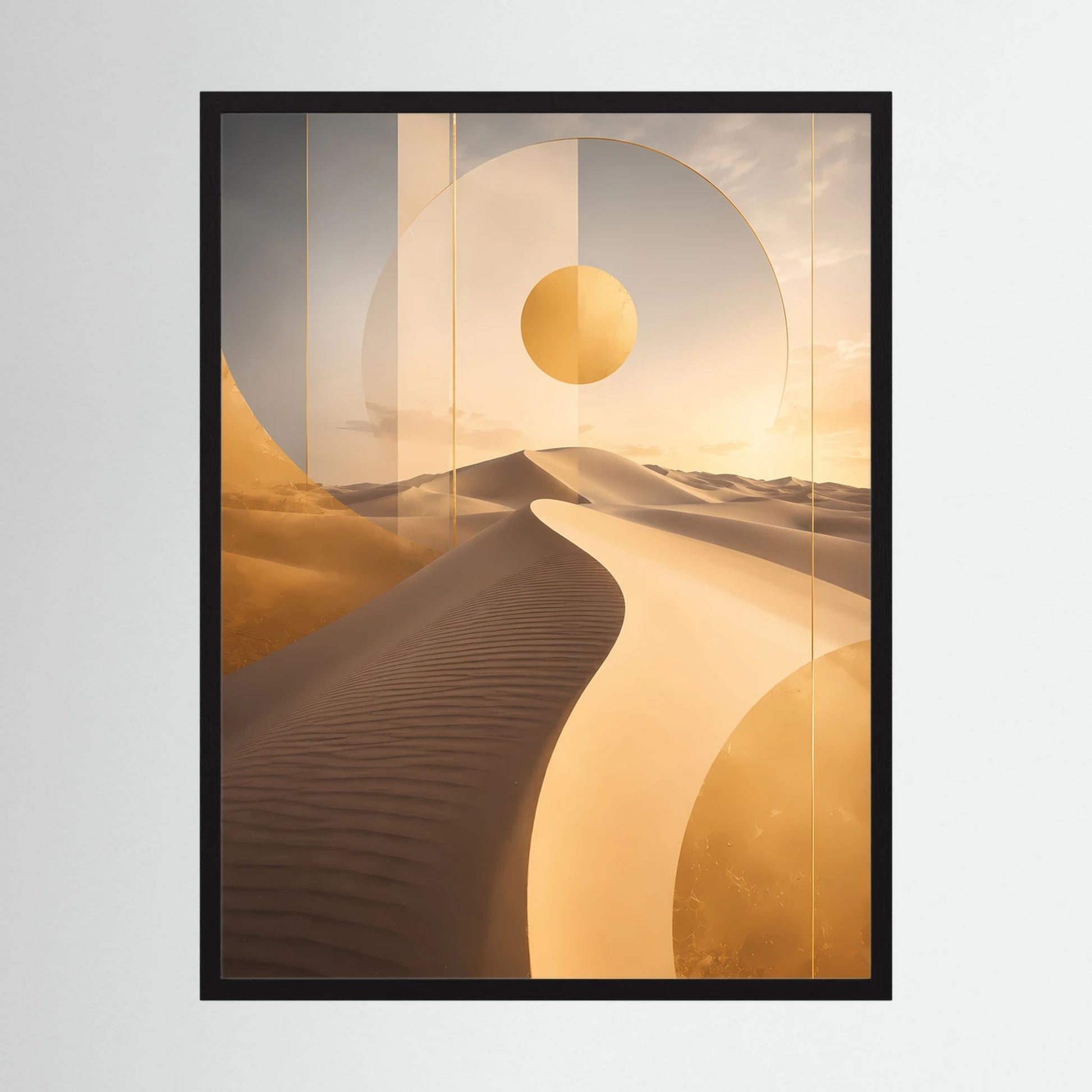 Hochformat-Poster mit abstrakter Wüsten-Dünenlandschaft und goldener Sonne im schwarzen Rahmen