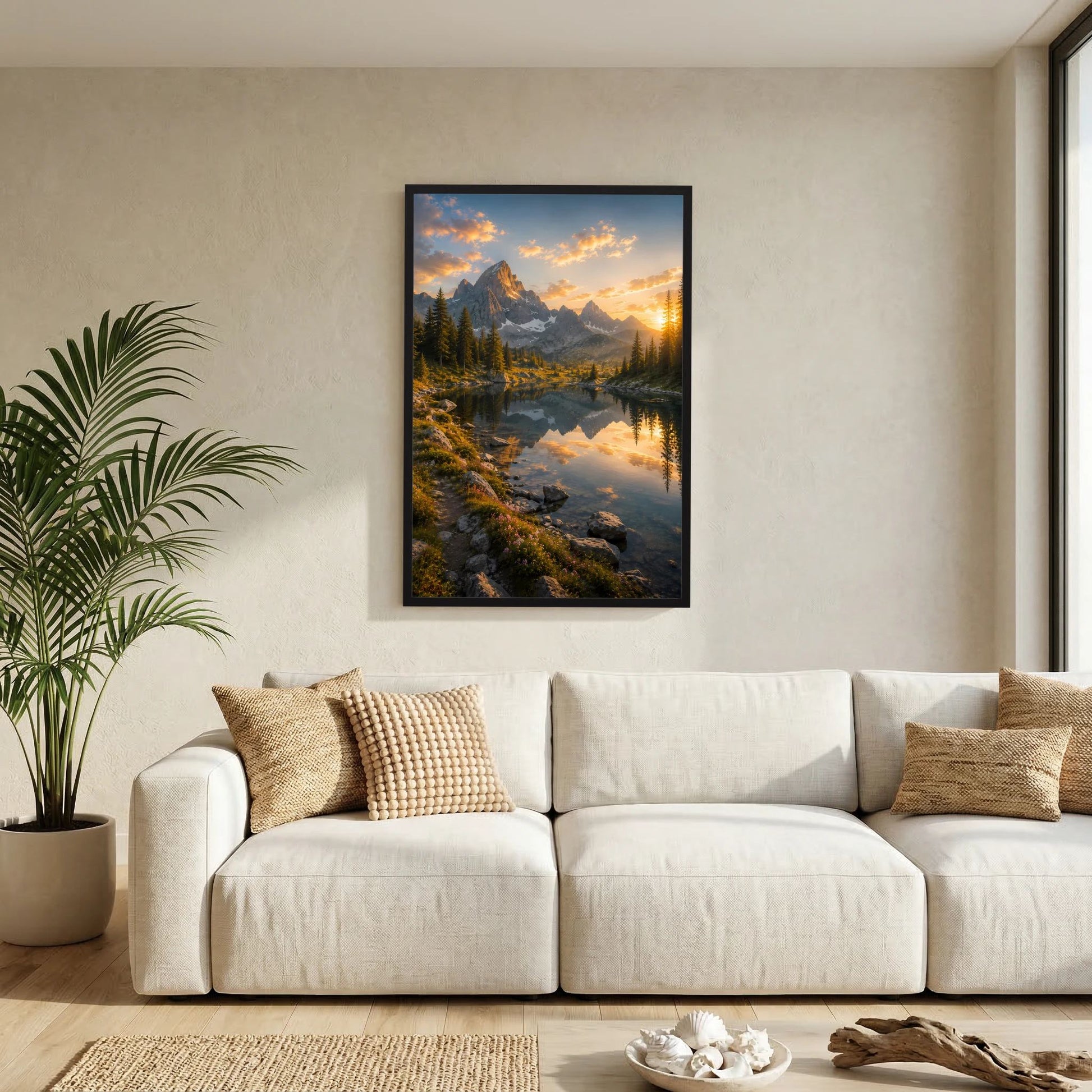 Bergsee bei Sonnenuntergang | Alpenpanorama mit Wasserspiegelung | Poster Hochformat