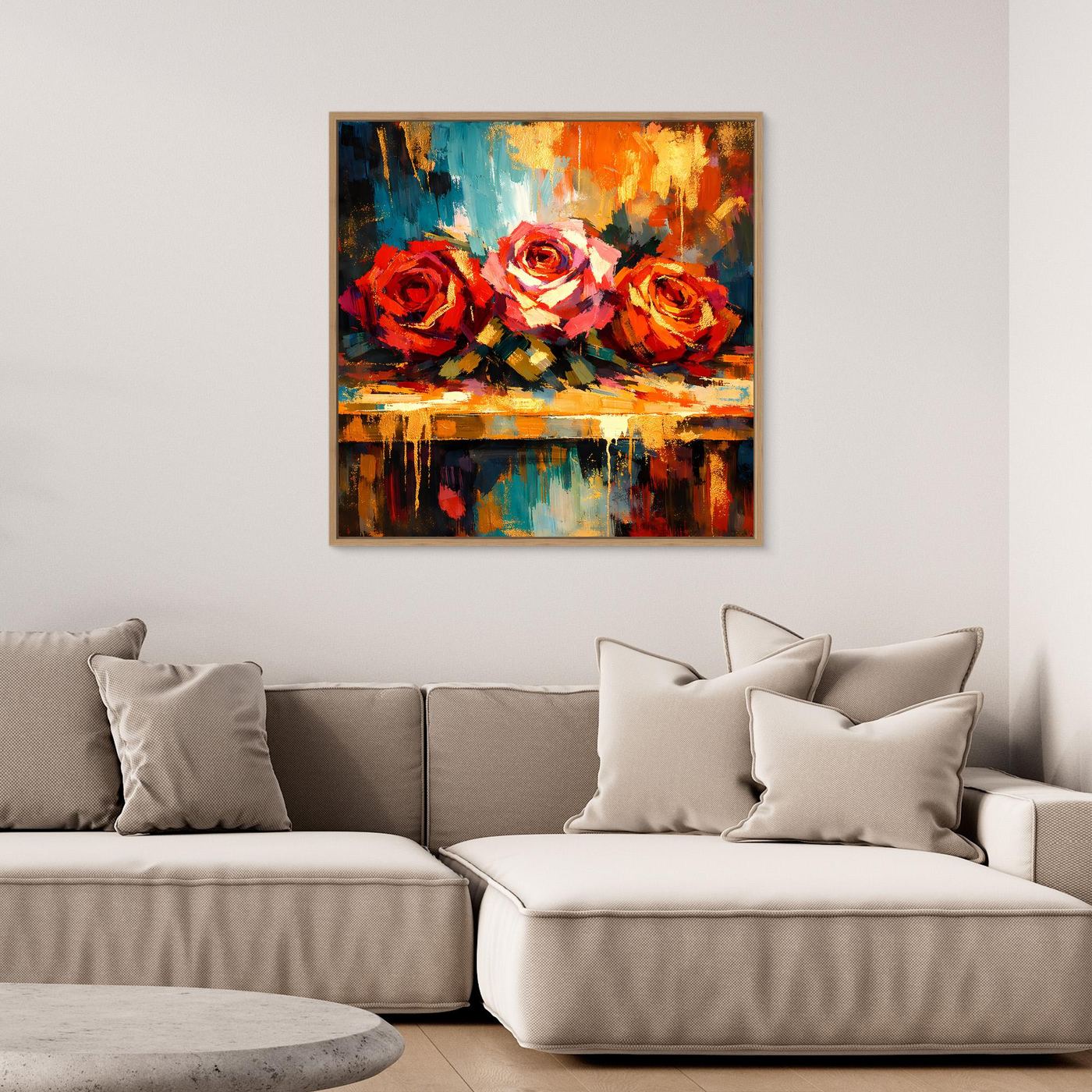 Quadratisches Leinwandbild mit abstrakten Rosen, dunkler Rahmen, rote und blaue Farbflecken