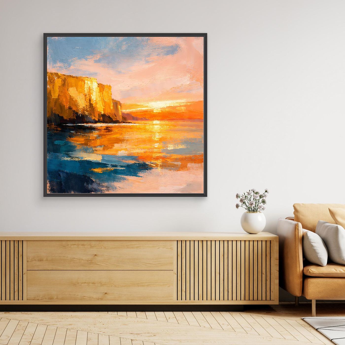 Leinwand Goldener Sonnenuntergang an der Steilküste | Abstraktes Meeres Wandbild