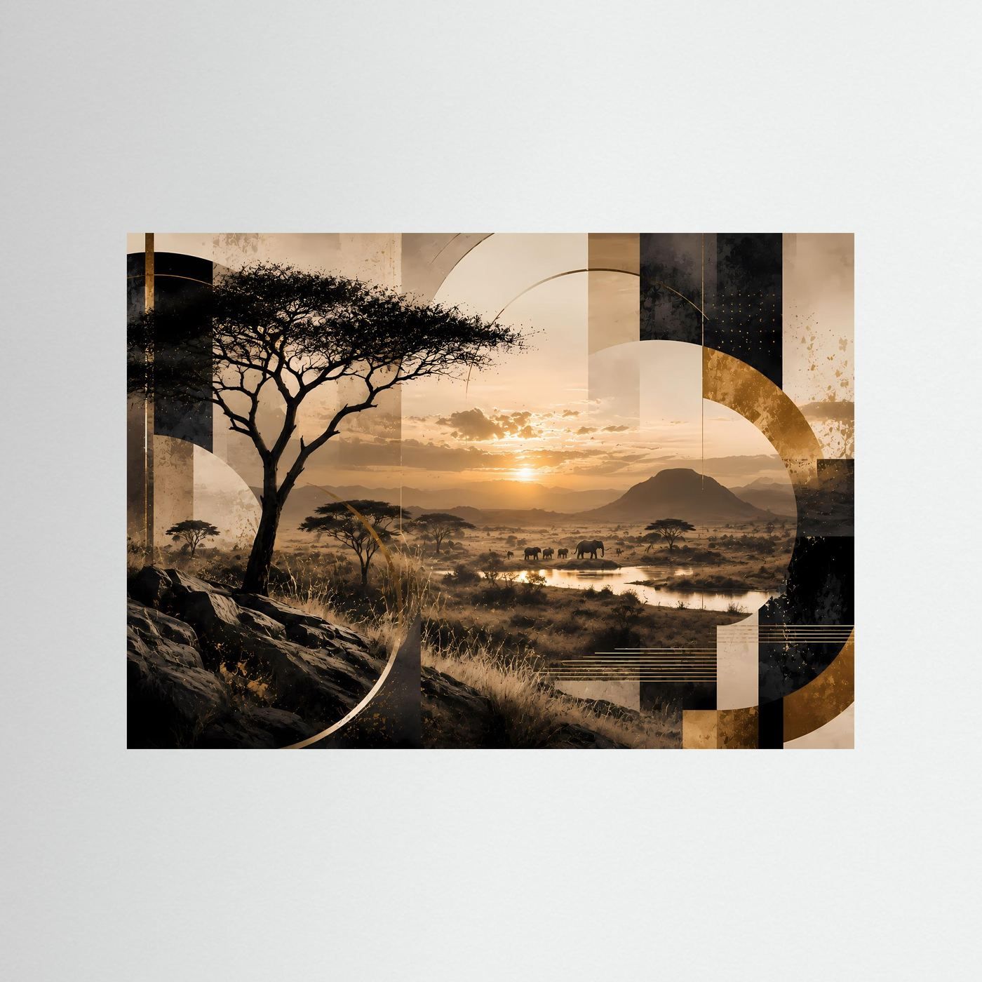 Afrika Safari Poster Querformat | Elefanten & Akazien im Sonnenuntergang