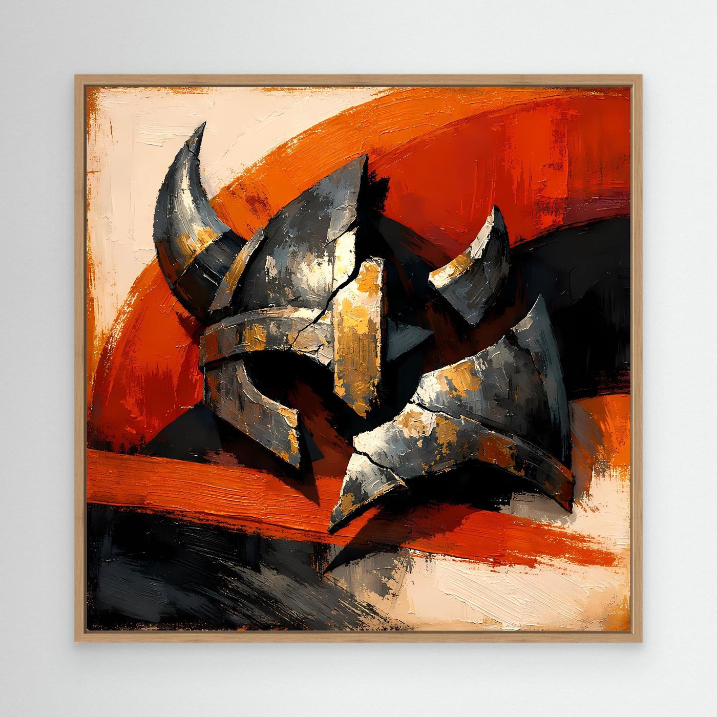 Gerahmtes Leinwandbild zeigt Wikingerhelm-Motiv mit Hörnern, Grau/Schwarz auf Orange
