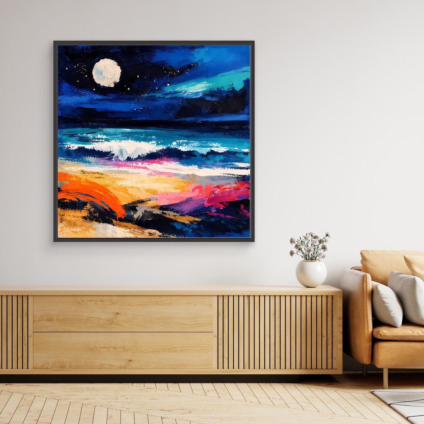 Abstraktes Leinwand-Wandbild mit Vollmond über dem Meer, mit schwarzem Rahmen