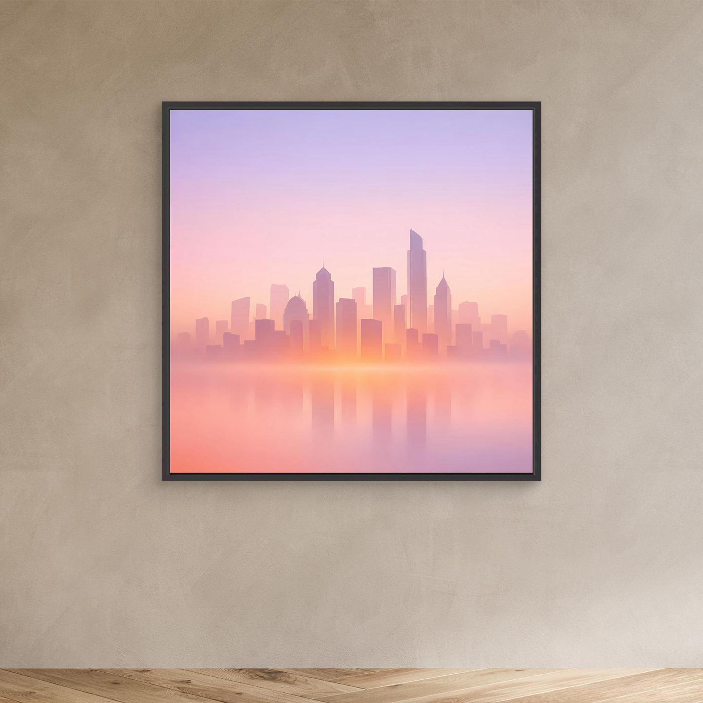 Leinwand-Wandbild Skyline im Pastellrosa, schwarzer Rahmen, quadratisch