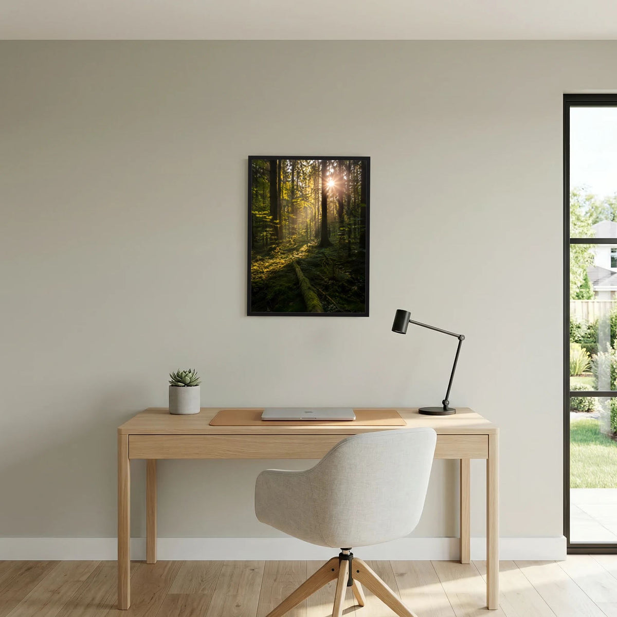 Hochformat-Poster mit Waldmotiv und Sonnenstrahlen über dem Schreibtisch, schwarzer Rahmen