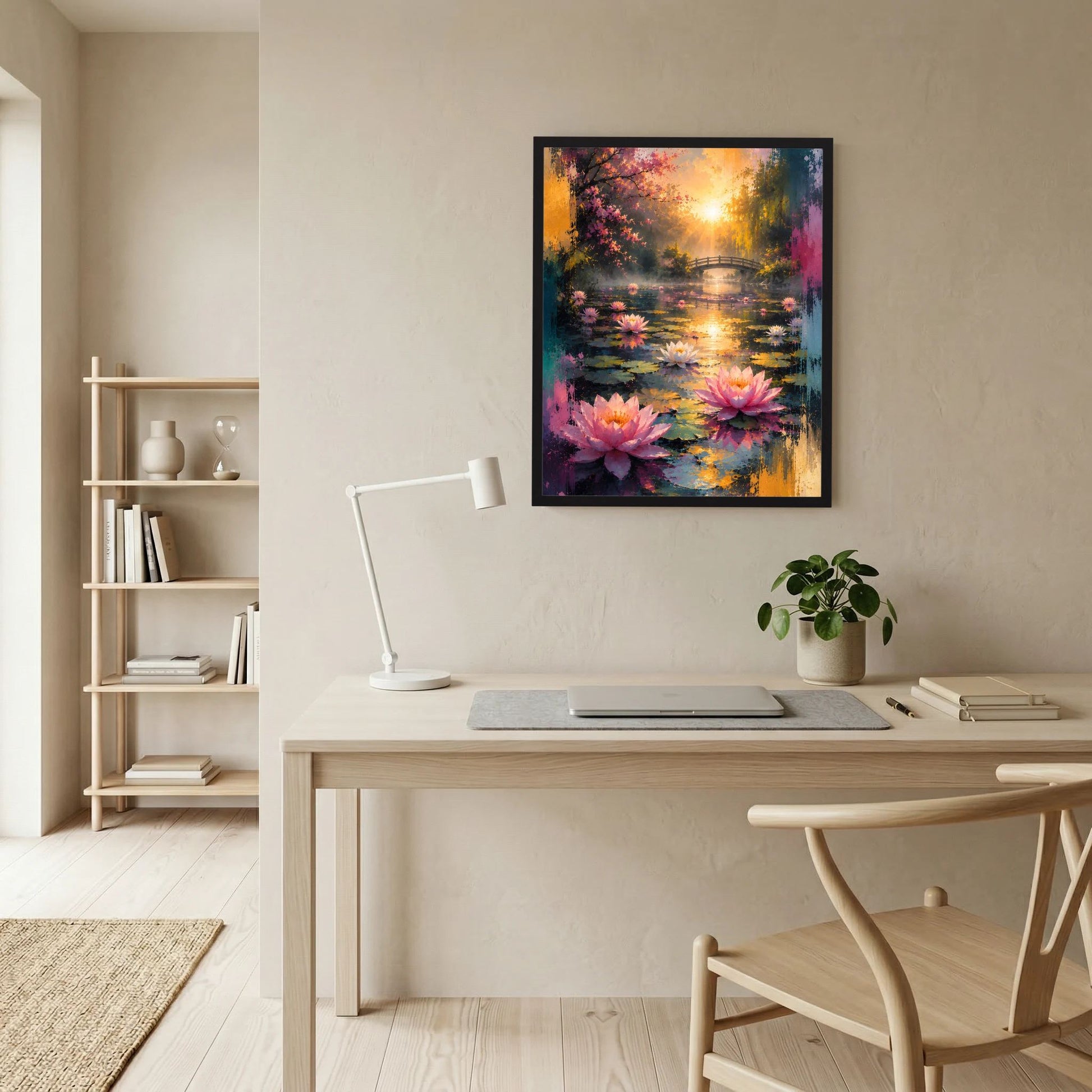 Gerahmtes Hochformat-Poster: Lotusteich mit großen rosa Seerosen im Sonnenlicht