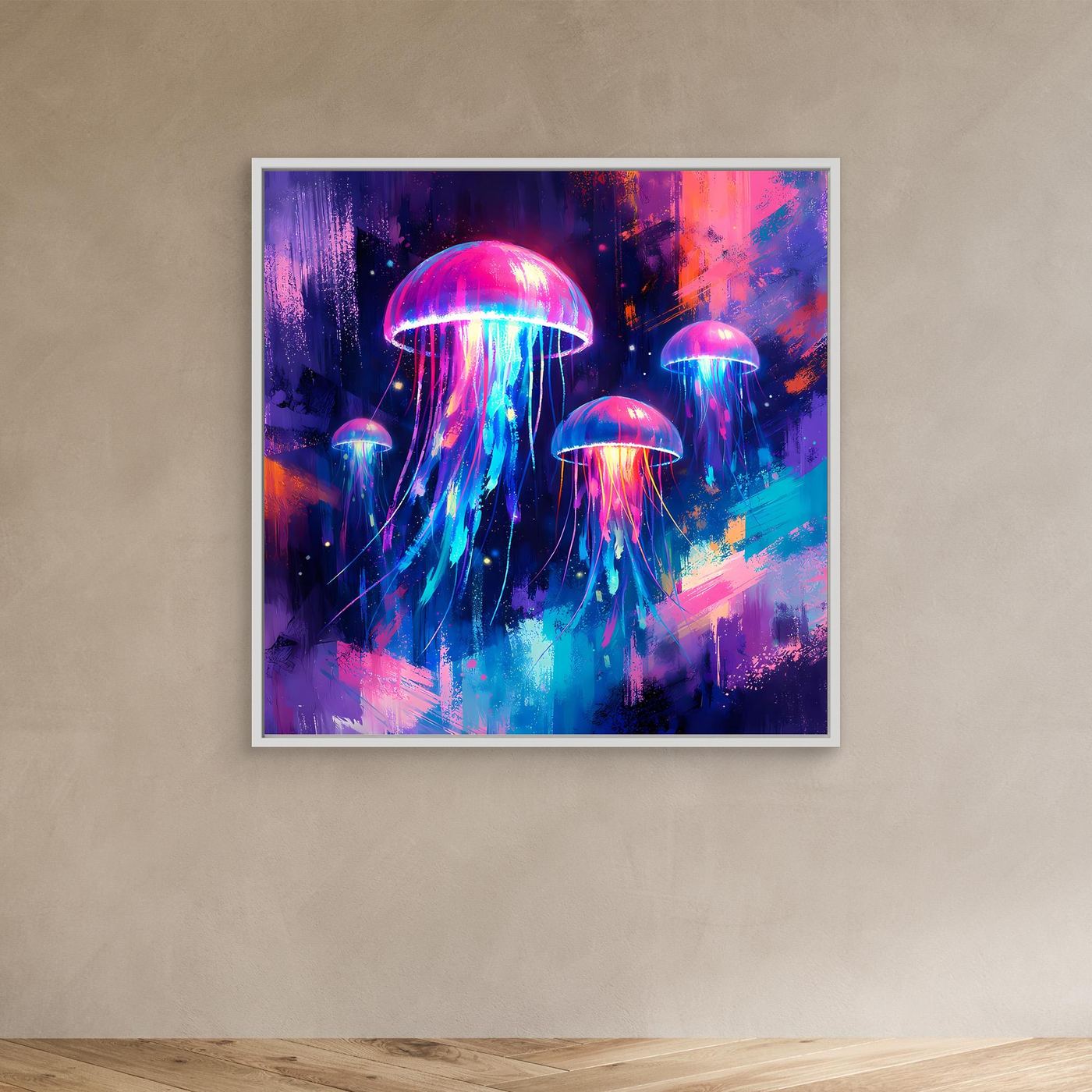Leinwand Magische Leuchtquallen im Tiefsee-Ozean | Abstraktes Neon Wandbild