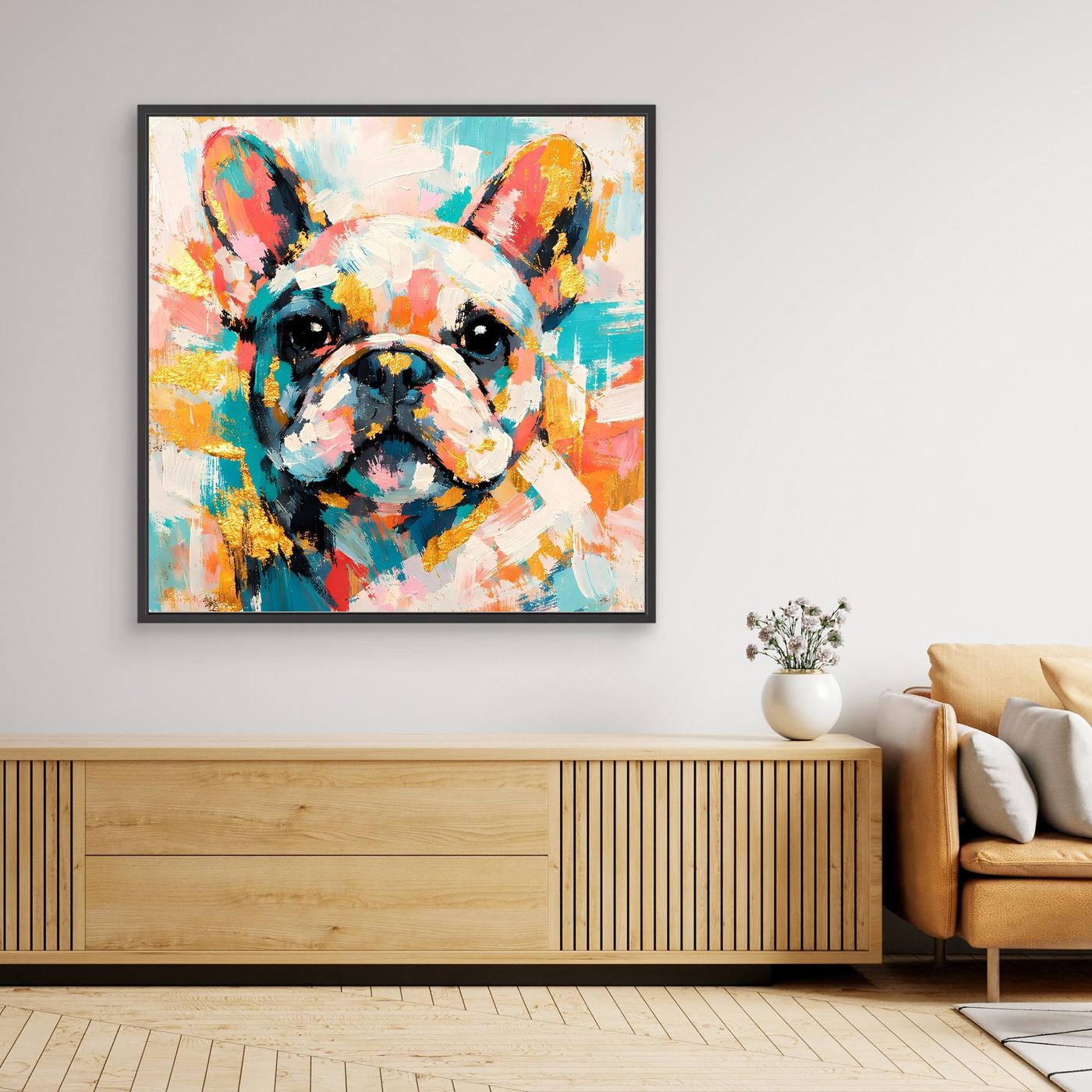 Leinwandbild Französische Bulldogge, abstraktes buntes Tiermotiv, schwarzer Rahmen