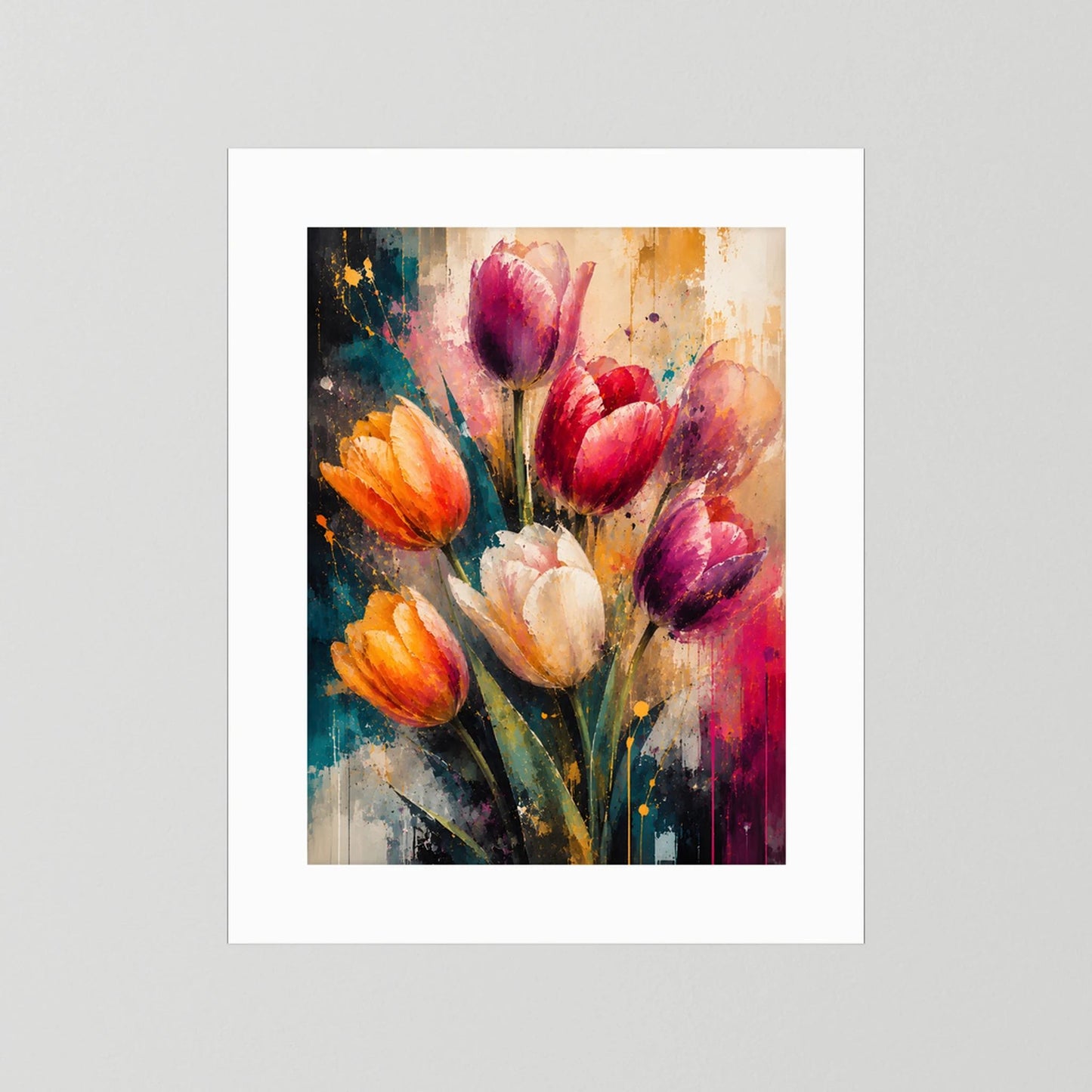 Kunstposter mit abstrakten Tulpen in Pink, Orange und Violett, weißer Rand