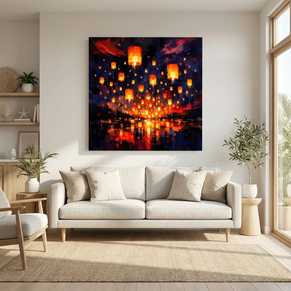 Leinwand-Wandbild mit vielen Laternenlichtern, warmem Zentrum und Wasserreflexion im Dunkelblau