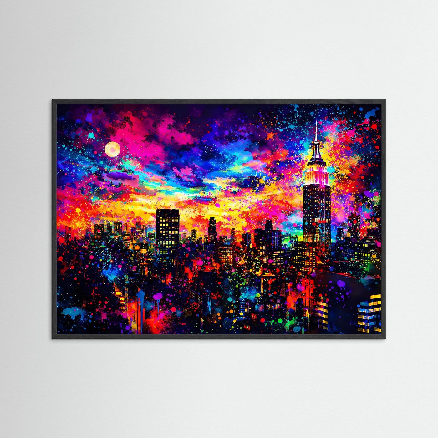 Gerahmtes Pop-Art-Wandbild: Empire State Building bei Nacht, bunte Farben, Mond