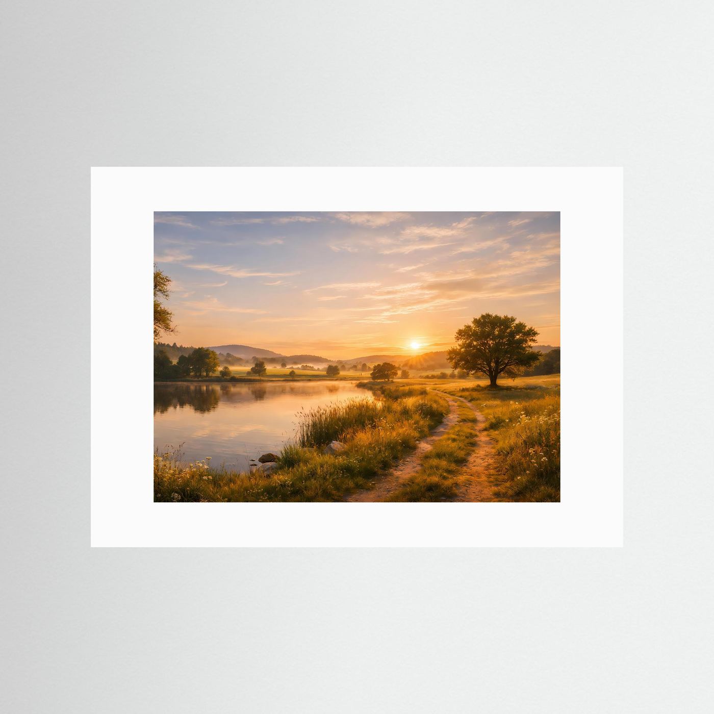 Natur-Poster mit Flusslauf und Sonnenaufgang, Querformat, weißes Passepartout