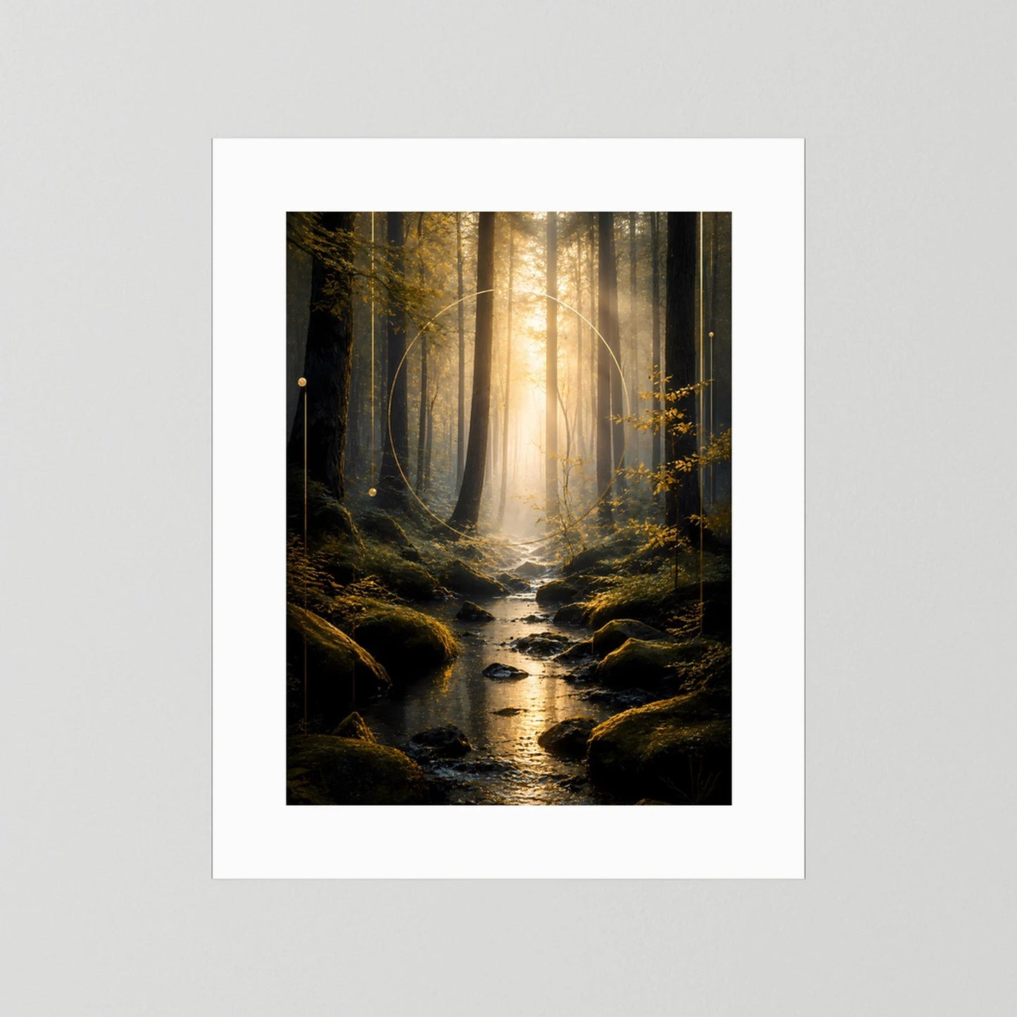 Hochformat-Poster mit Waldweg, goldenem Licht und Fluss im Zauberwald