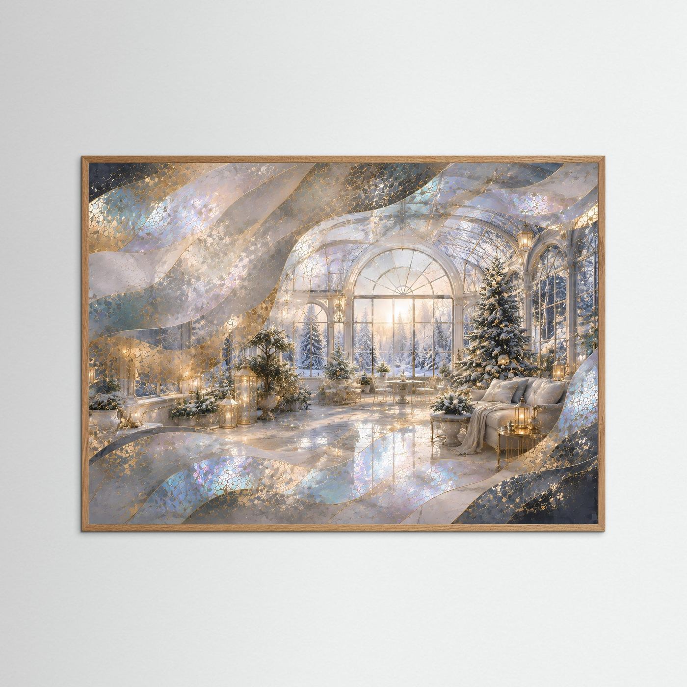 Wintergarten Poster Querformat | Verschneiter Wintergarten mit Weihnachtsbaum & Gold