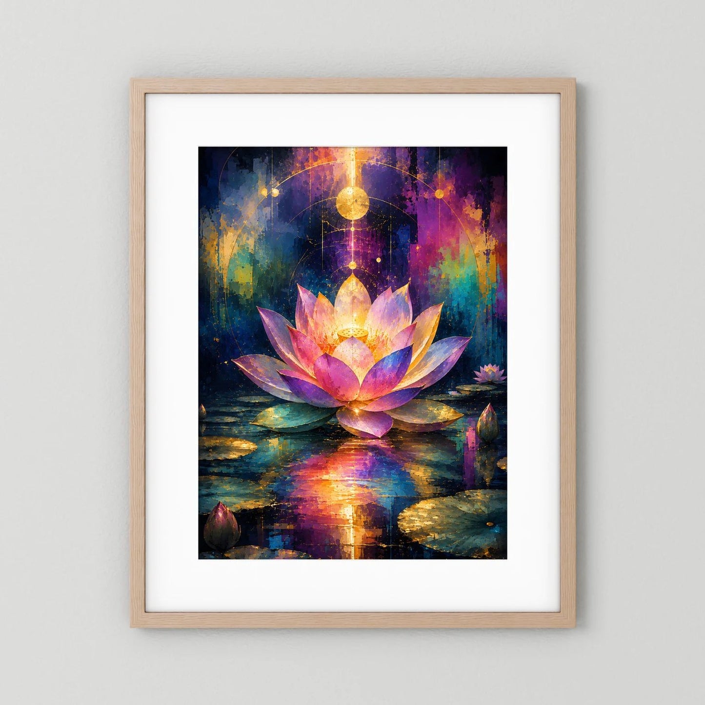 Wandbild mit beigem Holzrahmen und weißem Rand: Lotusblüte in Pink und Gold im Wasserlicht