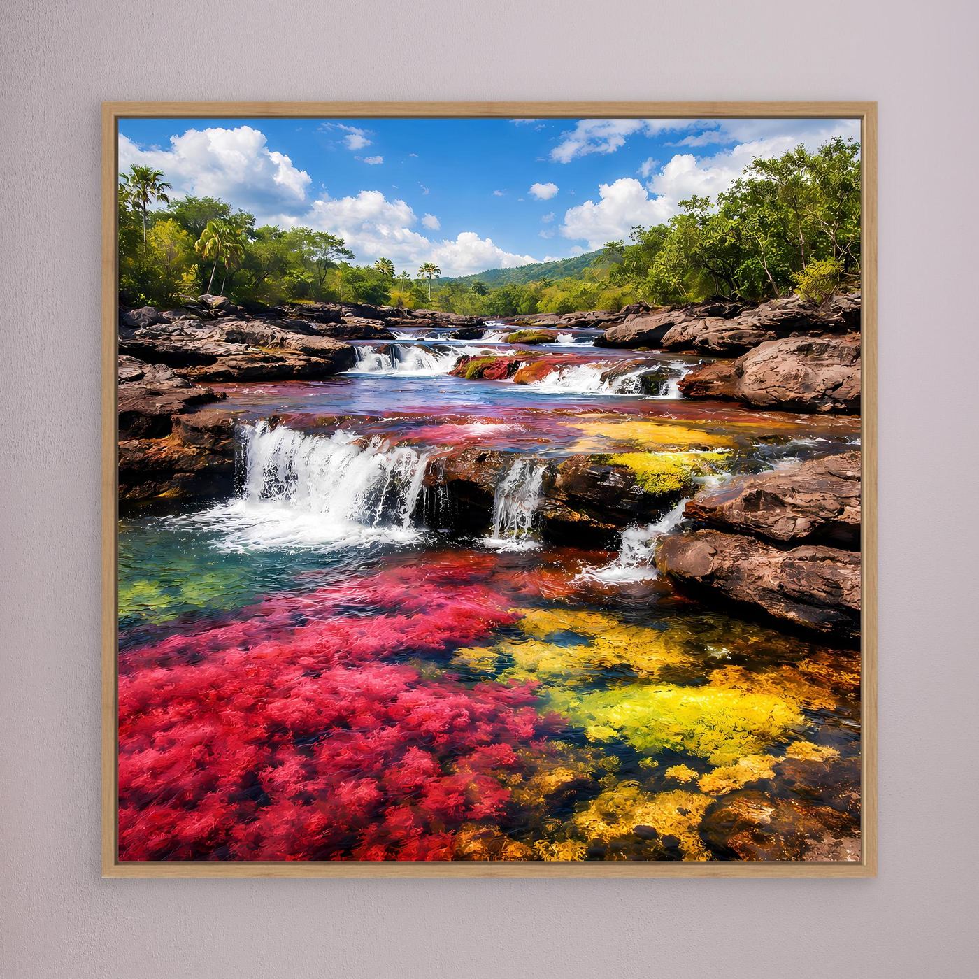 Leinwandbild mit Wasserfällen und Regenbogenfarben, hellbraun gerahmt