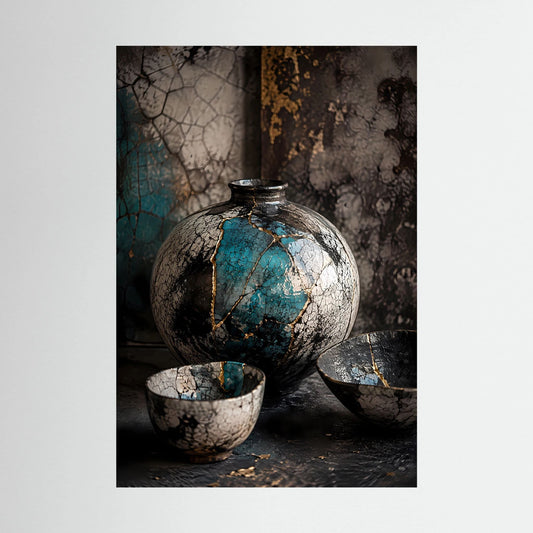 Poster im Hochformat mit türkis-goldener Keramikvase und Schalen im Crackle-Look