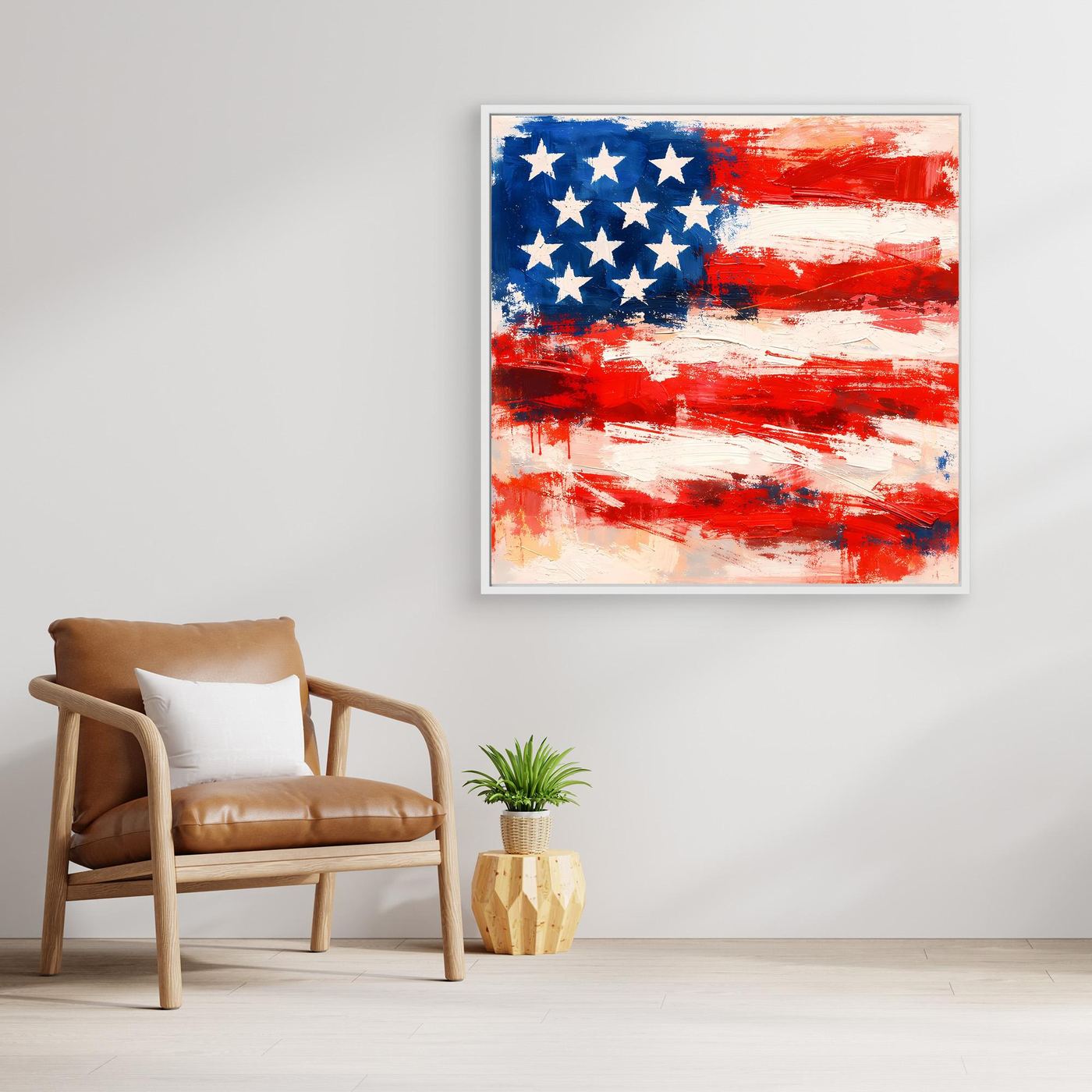 USA flag abstract canvas wall art with white frame; blue stars and red brush strokes