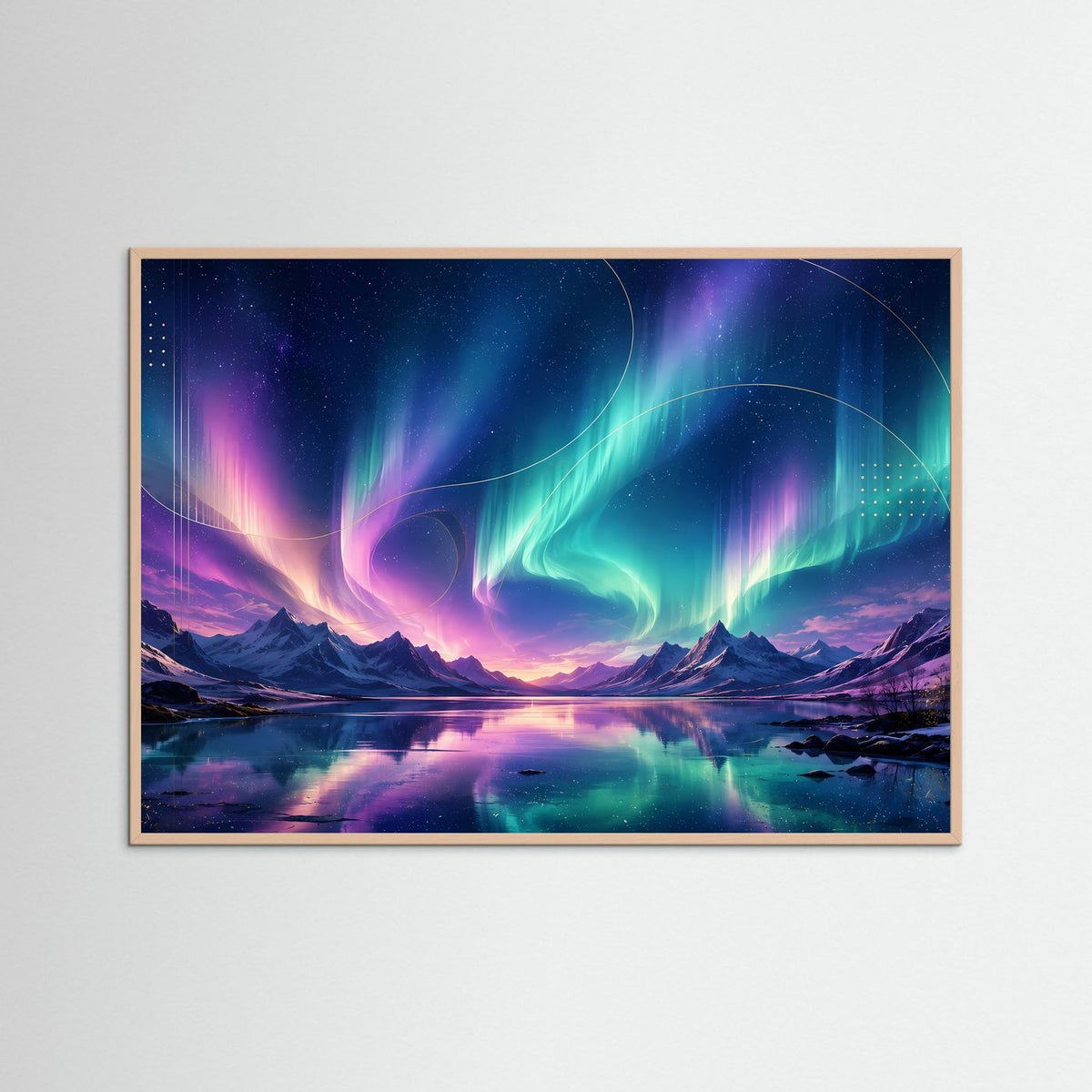 Poster im Querformat mit Nordlicht über arktischer Berglandschaft und See, im dunklen Holzrahmen