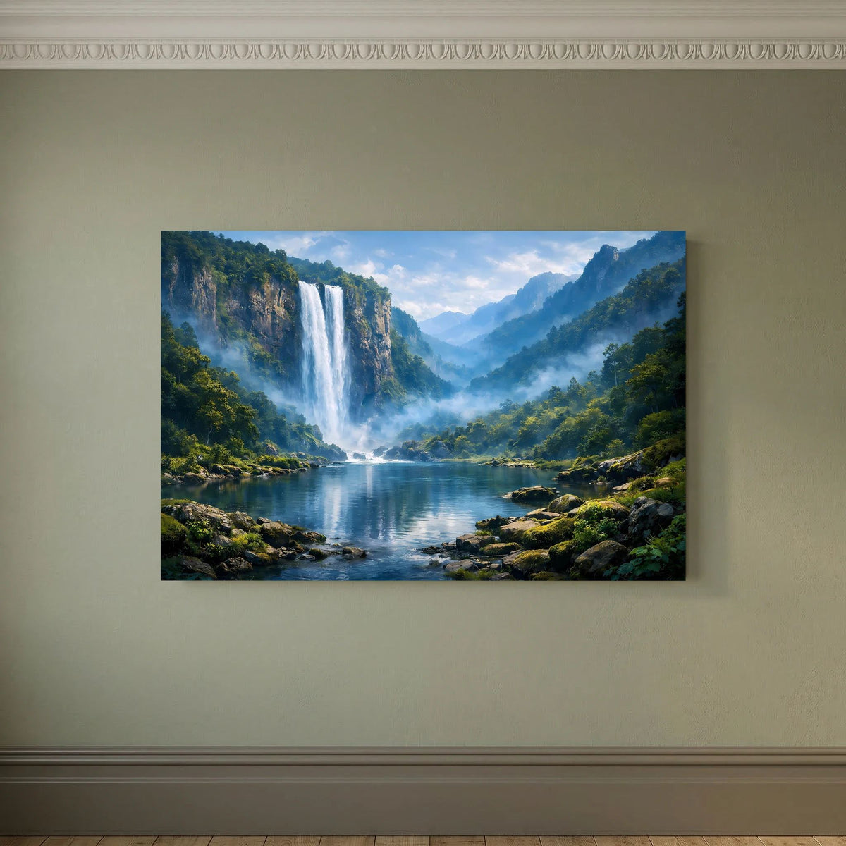 Natur-Wandbild im Querformat mit Wasserfall, Seeufer und Gebirgsnebel